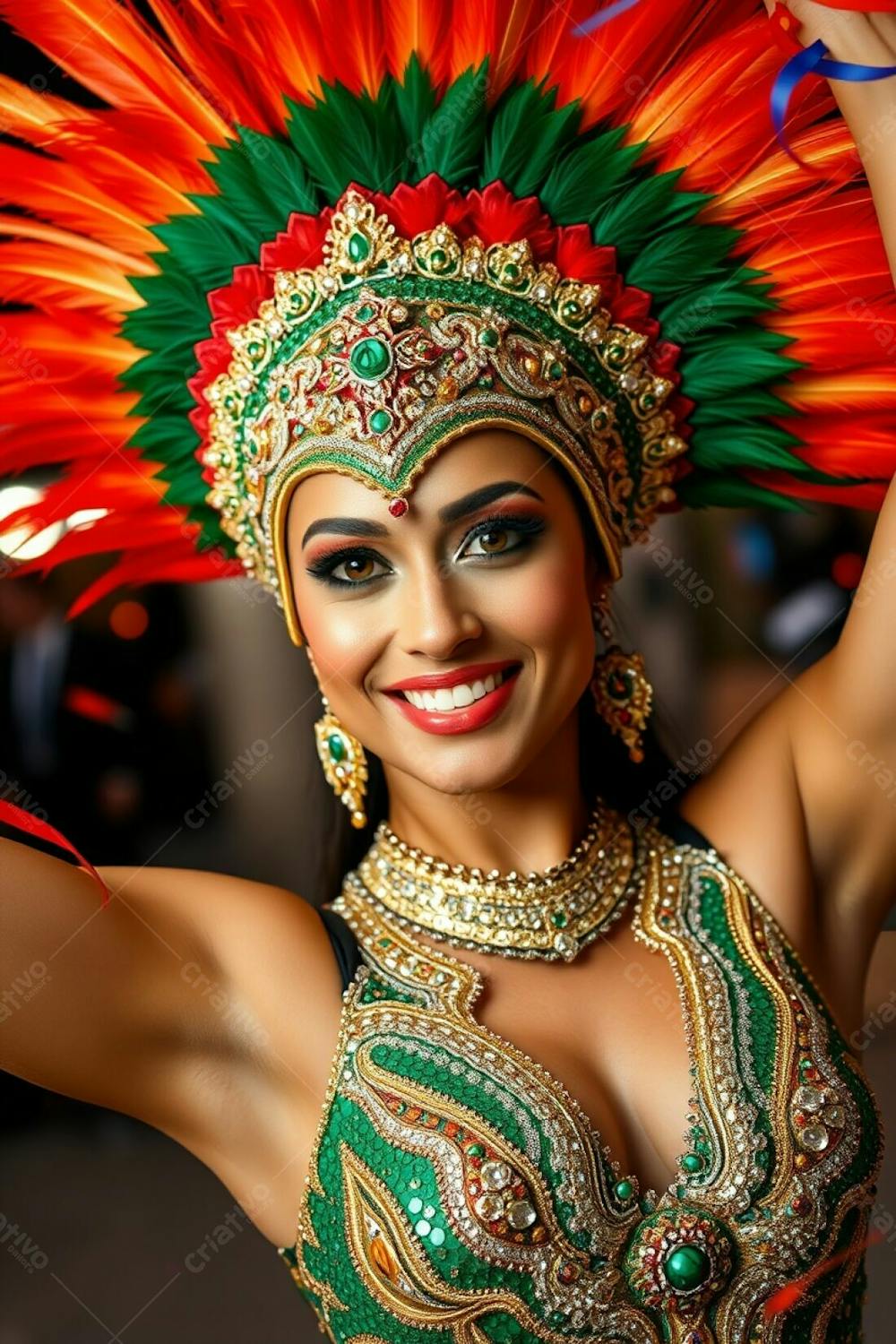 High Resolution Stock Photo A Woman With Refined Features And Tan Skin, Wearing A Dazzling Gold, Red, And Green Feathered Headdress And Intricate Sequined Carnaval Outfit. She Is Smiling, Arms Raised, Against A Blurred Backgro