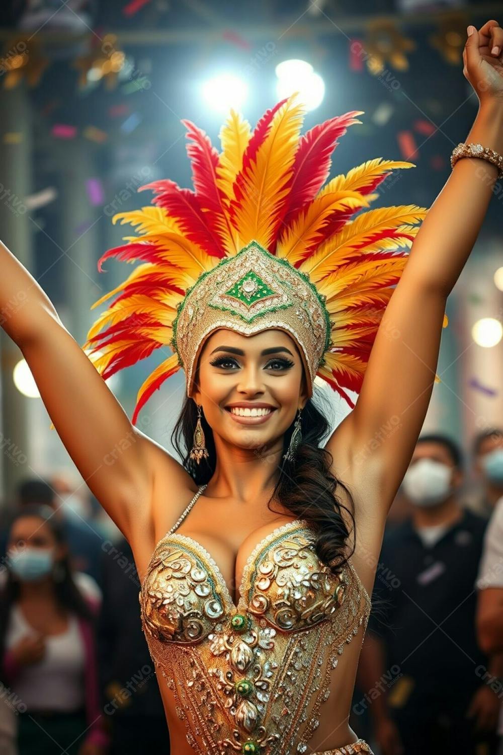 High Resolution Stock Photo A Woman With Tan Skin And Elegant Features Celebrates Carnaval With Arms Raised In A Joyful Pose. Her Costume Features A Vibrant Gold, Red, And Green Feathered Headdress And A Glittering, Intricately