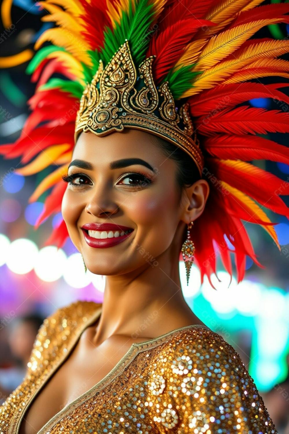 High Resolution Stock Photo A Woman With Tan Skin And Graceful Features, Radiantly Smiling, Celebrating Carnaval. She Wears A Stunning Feathered Headdress In Gold, Red, And Green, With A Glittering, Patterned Sequined Outfit.