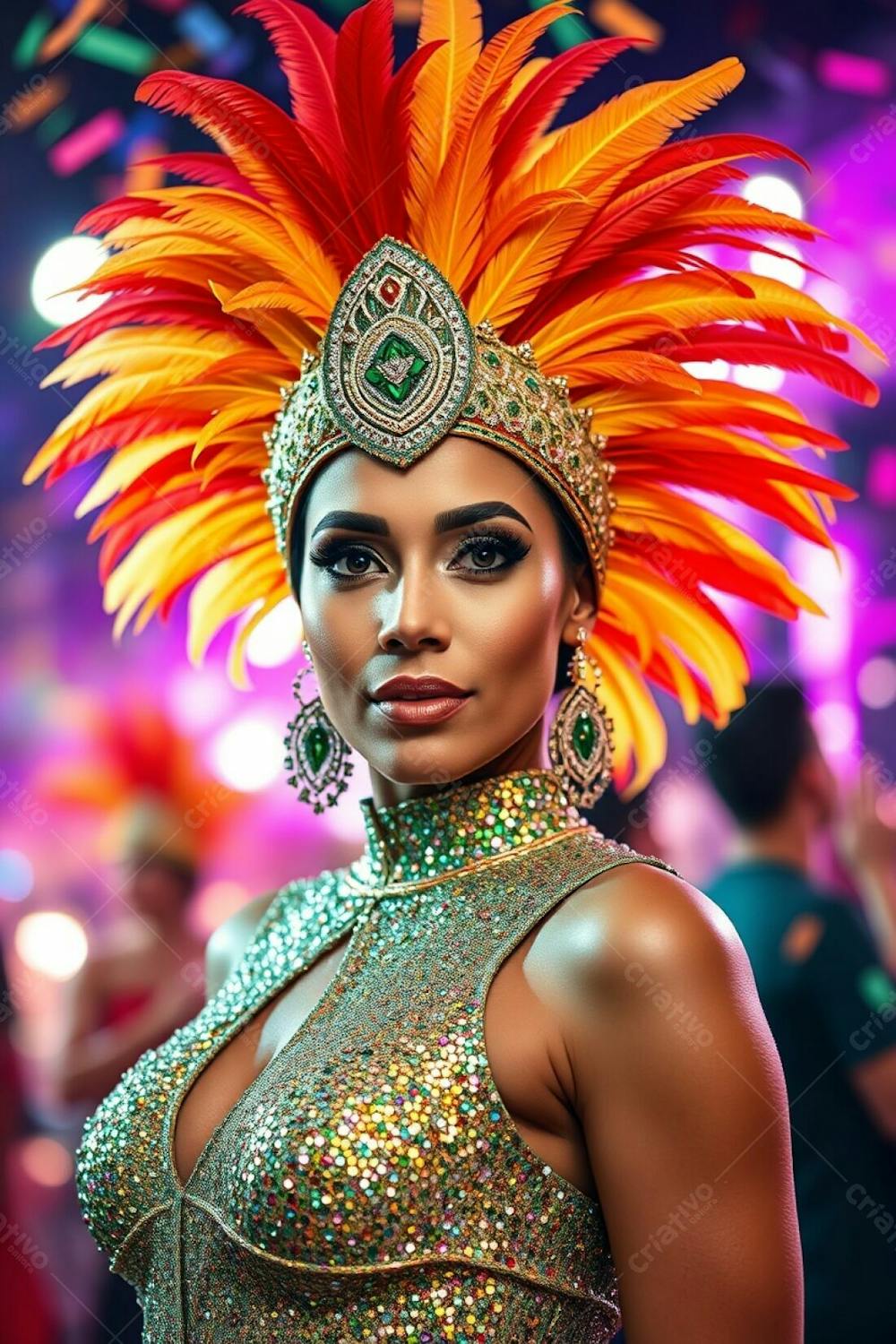 High Resolution Stock Photo Confident Woman With Graceful Features And Light Brown Skin, Celebrating Carnaval. She Wears A Striking Gold, Red, And Green Feathered Headdress And A Sparkling Sequined Costume. The Background Is