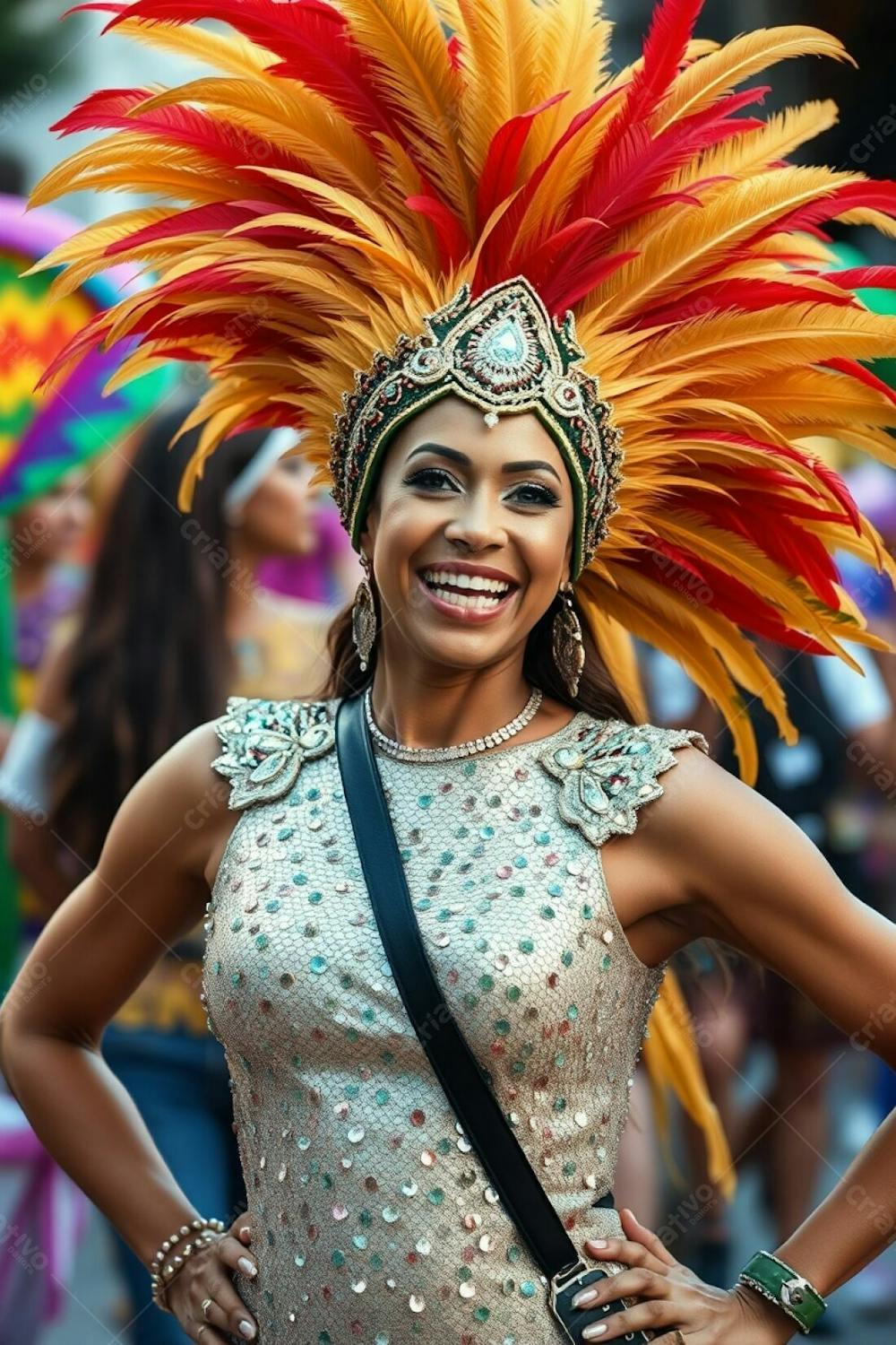 High Resolution Stock Photo Dynamic Image Of A Woman Celebrating Carnaval. Her Costume Features A Large Feathered Headdress In Shades Of Gold, Red, And Green And A Shimmering Sequined Outfit. She Smiles Broadly. The Colorful B