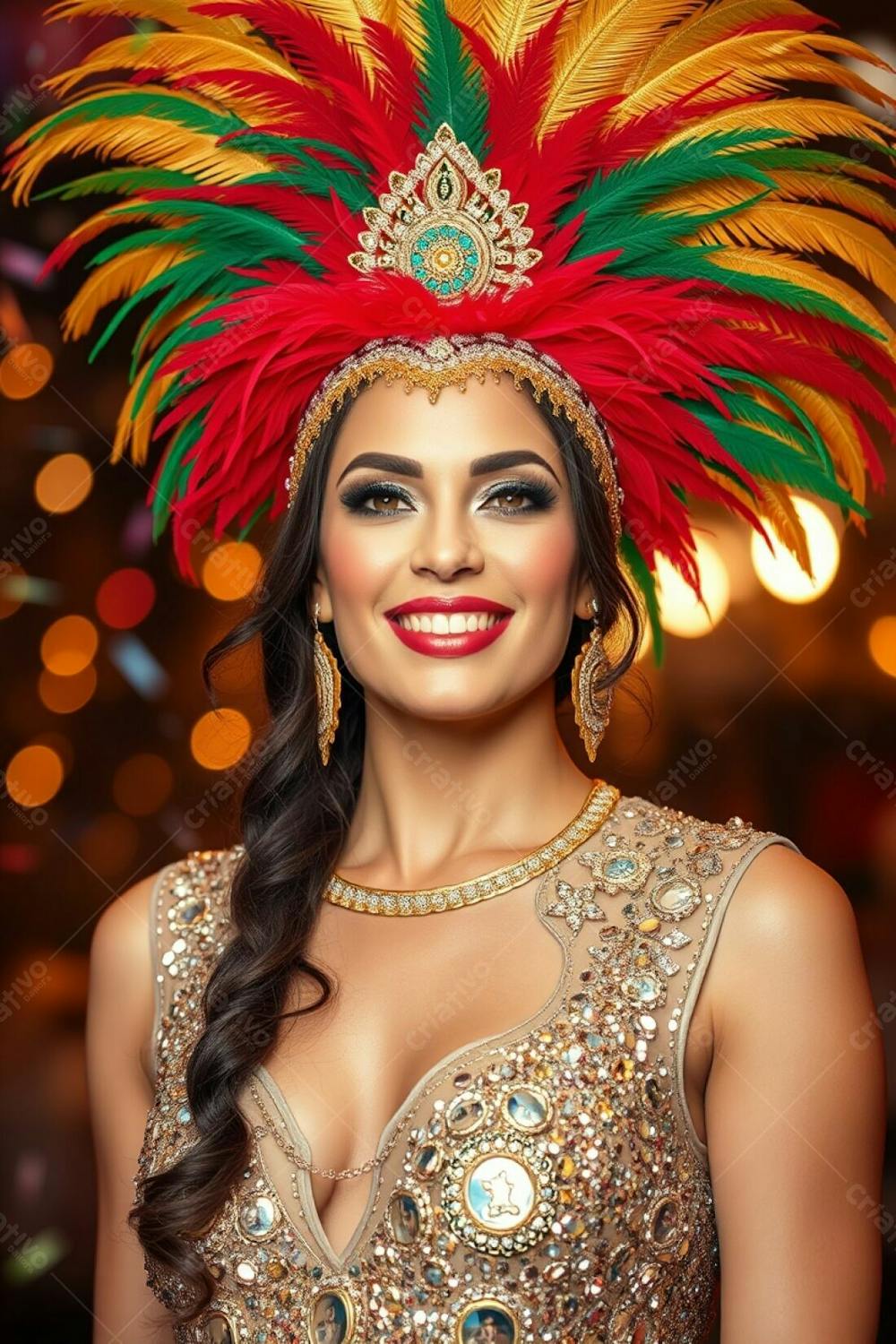 High Resolution Stock Photo Graceful Woman With Elegant Features, Wearing A Dazzling Gold, Red, And Green Feathered Headdress And Shimmering Sequined Carnaval Outfit. Her Joyful Expression Is The Focus, Set Against A Blurry Ba