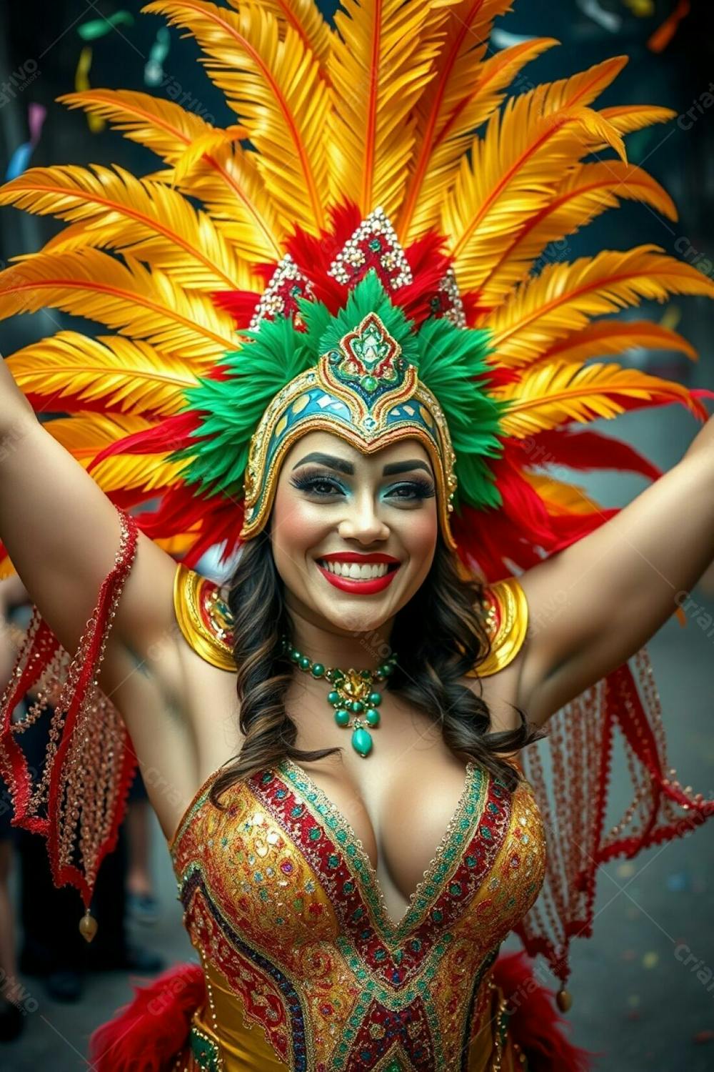 High Resolution Stock Photo High Angle Perspective Of A Woman In A Vibrant Carnaval Costume. Gold, Red, And Green Feathered Headdress, Glittering Sequined Outfit With Intricate Patterns. Arms Raised, Radiant Smile, Blurred Bac