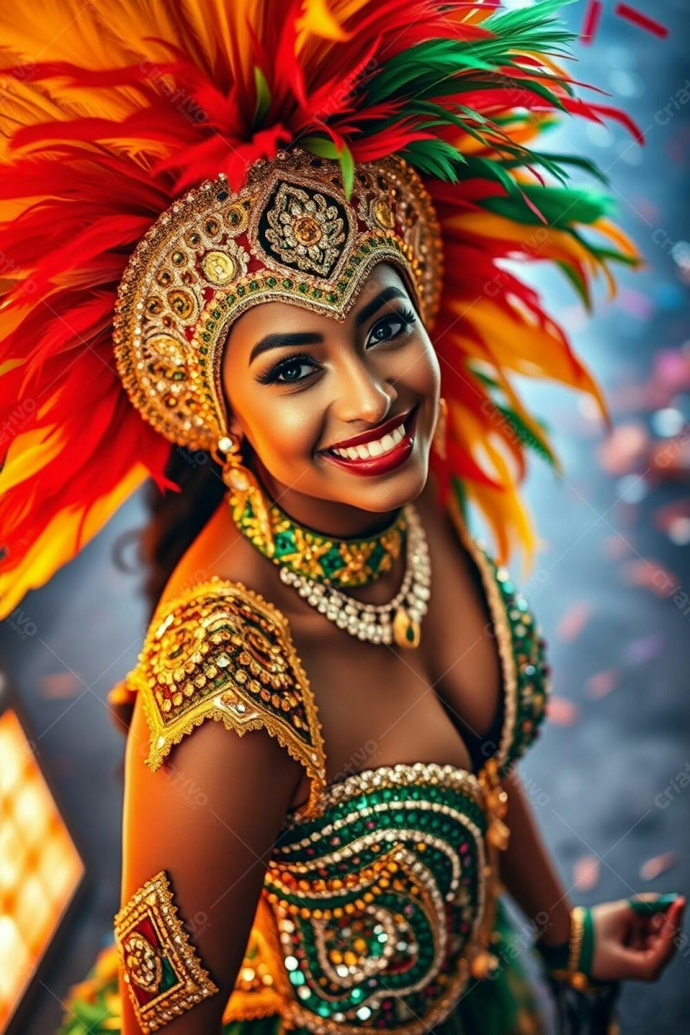 High Resolution Stock Photo High Angle Perspective Of A Woman With Medium Brown Skin, In A Vibrant Carnaval Costume Featuring A Large, Gold, Red, And Green Feathered Headdress And A Glittering, Patterned Sequined Outfit, Smilin