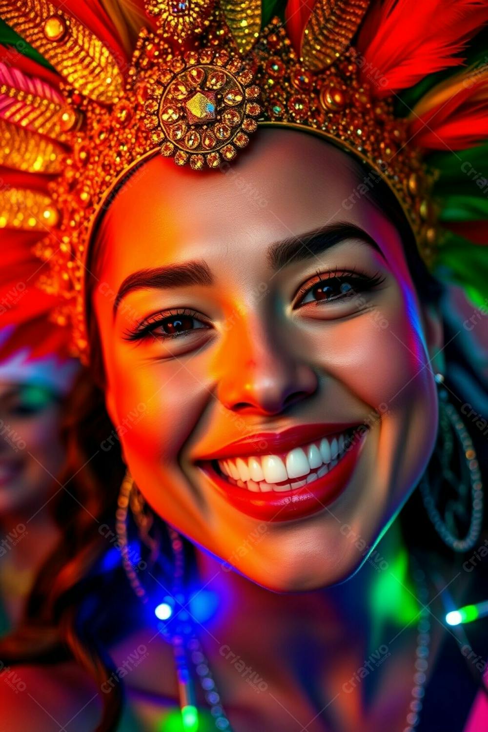 High Resolution Stock Photo High Angle, Close Up Of A Woman&#39;S Joyful Face At Carnaval. Her Skin Is Glowing, Highlighted By Colorful Lights. She Wears A Dazzling Gold, Red, And Green Feathered Headdress. The Image Emphasizes H