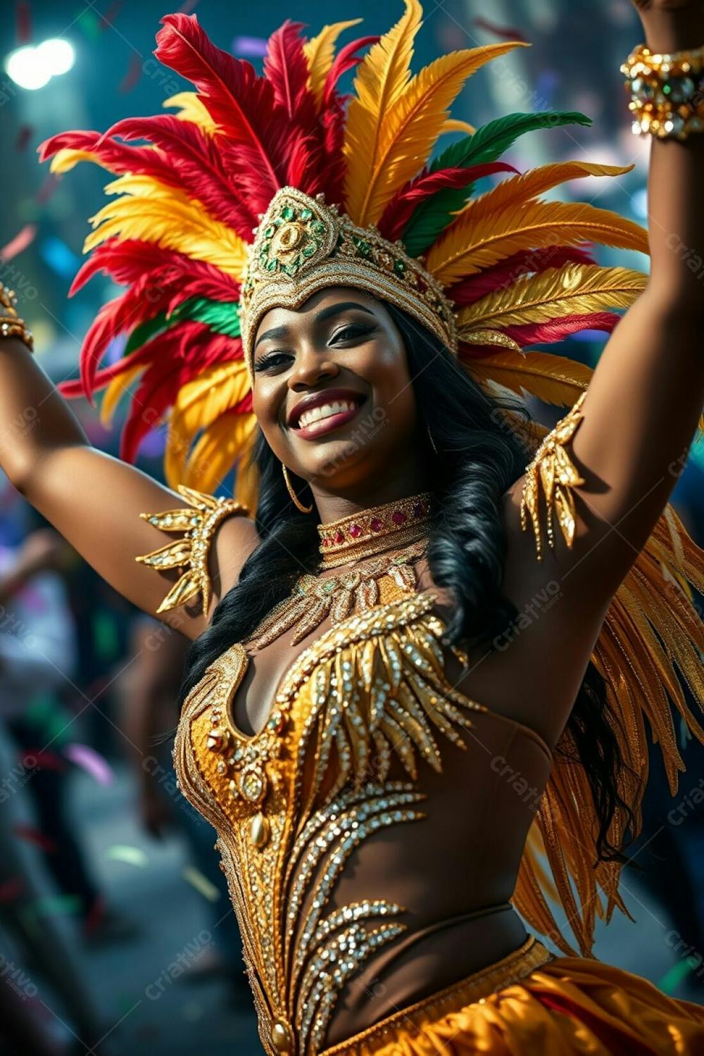 High Resolution Stock Photo, High Angle Perspective A Dark Skinned Woman, Smiling, With Arms Raised, In A Dazzling Carnaval Costume With A Gold, Red, And Green Feathered Headpiece And A Glittering Sequined Outfit. Blurred Bac