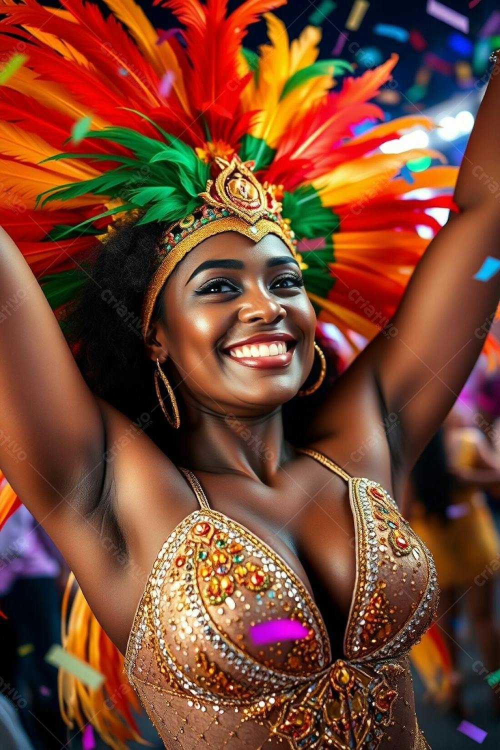 High Resolution Stock Photo, High Angle Perspective A Vibrant Carnaval Celebration Featuring A Woman With Dark Brown Skin, Radiant Smile, Arms Raised, Wearing A Gold, Red, And Green Feathered Headdress And A Glittering Sequined