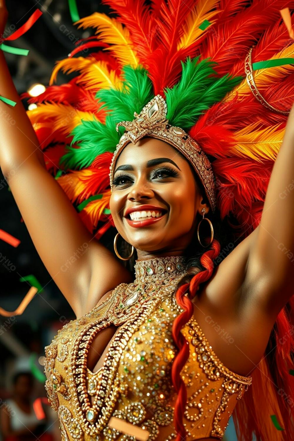 High Resolution Stock Photo, High Angle Perspective A Woman With Light Brown Skin, In An Elaborate Gold, Red, And Green Feathered Headdress And Sparkling Sequined Carnaval Costume. Arms Raised, Smiling Radiantly Against A Backg