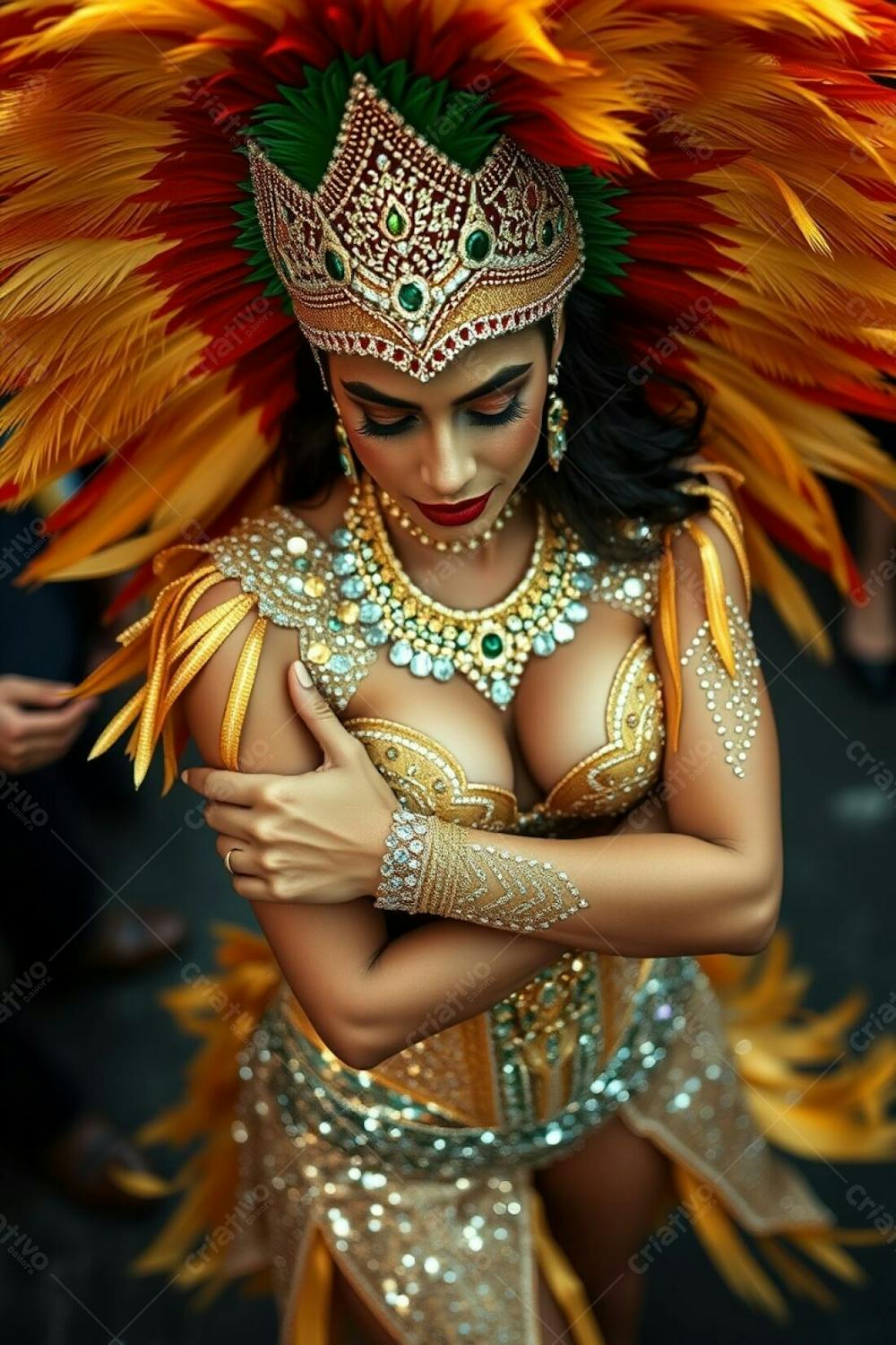 High Resolution Stock Photo, High Angle Perspective A Woman With Olive Skin, Dressed In A Dazzling Carnaval Costume With A Gold, Red, And Green Feathered Headdress And Glittering Sequined Outfit, Sambas With Arms Crossed, Looki