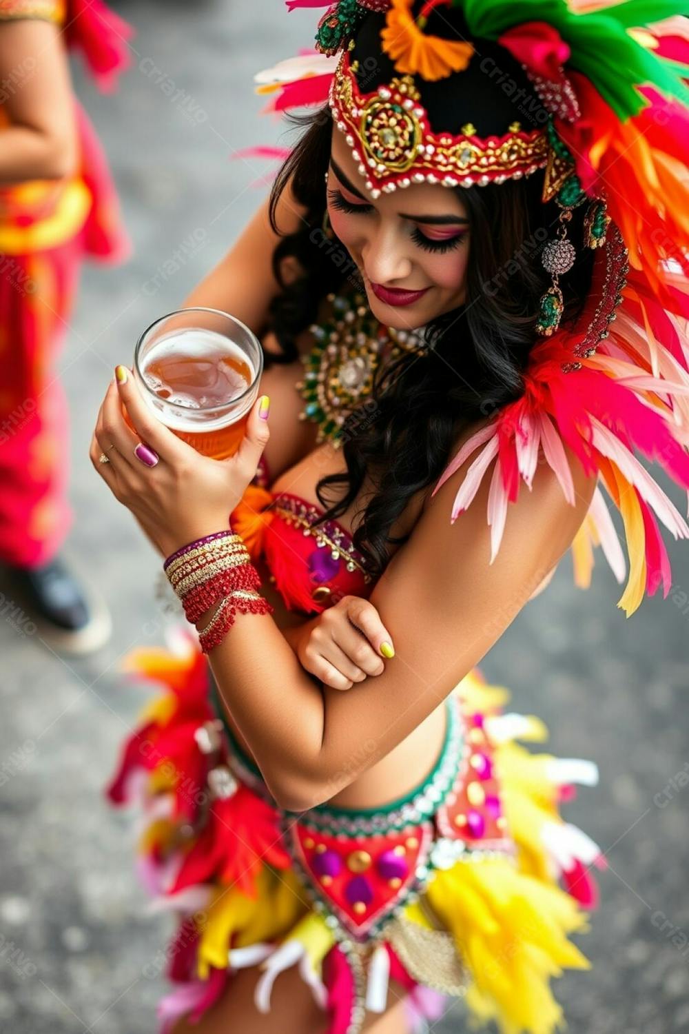 Professional High Resolution Photograph High Angle View Of A Carnaval Dancer With A Beer In Her Hands, Arms Crossed, Looking Downward. The Focus Is On Her Posture And Her Intricately Designed Costume With Bright Colors, Feather