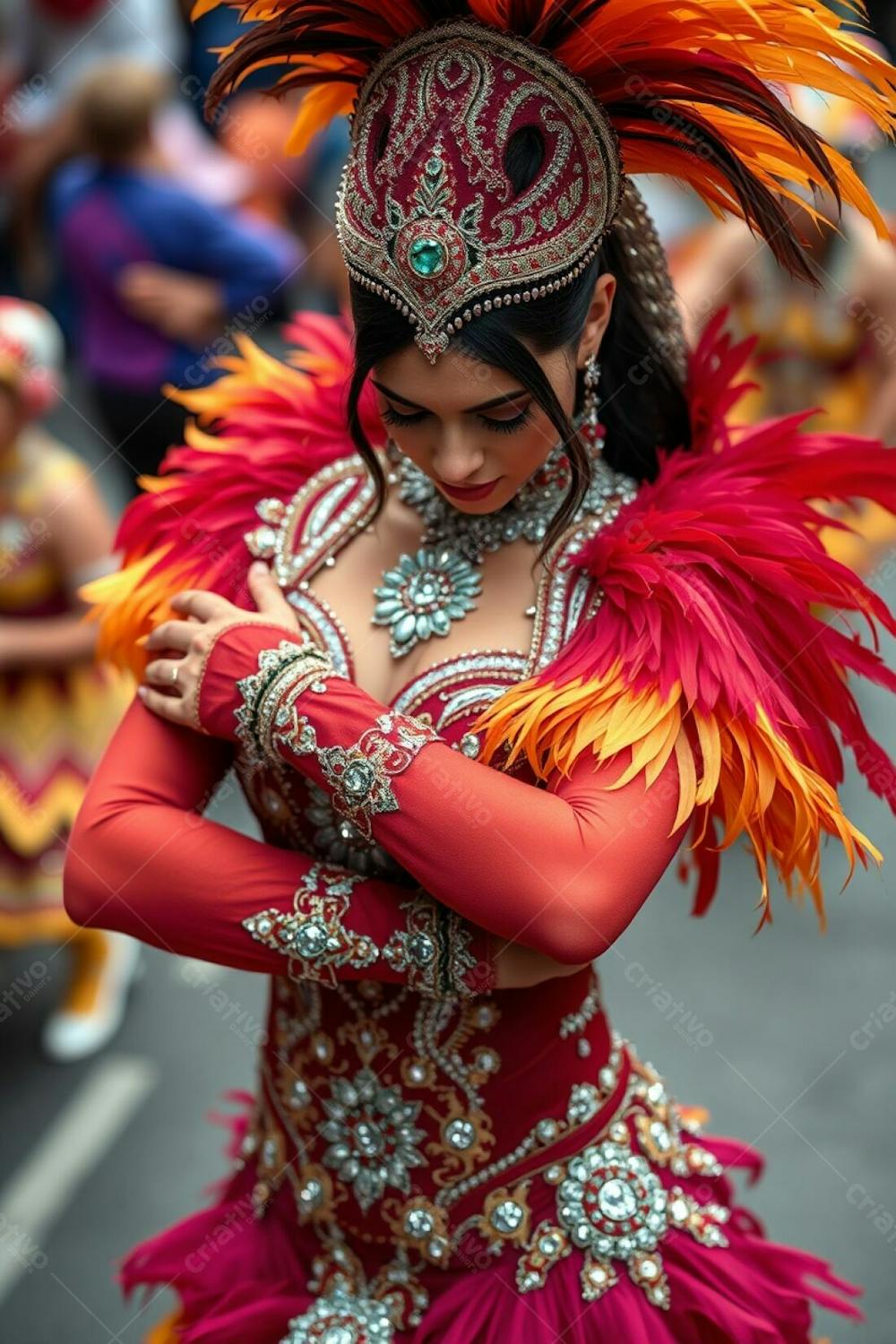 Professional Quality, High Resolution Photograph. High Angle View Of A Carnaval Dancer With Her Arms Crossed, Her Gaze Directed Downward. The Focus Is On The Intricately Designed Costume, Rich In Color And Featuring Feathers A