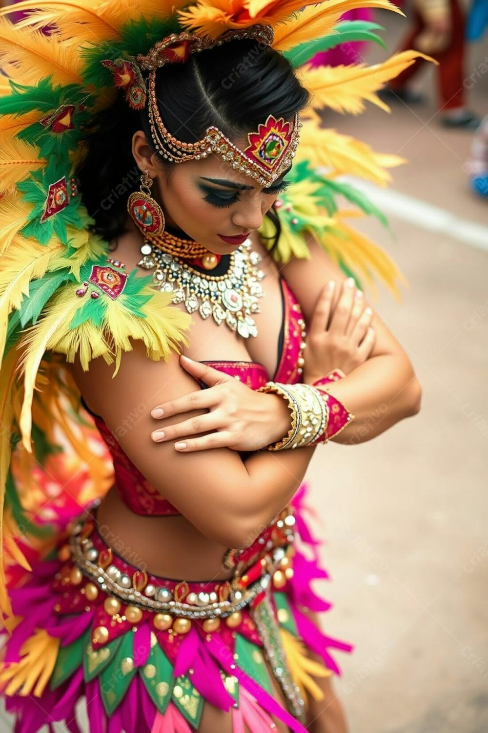 Professional Quality High Resolution Photo. High Angle View Of A Carnaval Dancer With Arms Crossed, Looking Down. Costume Is Richly Colored With Feathers And Sequins. Background Is Blurred, Showing A Vibrant Festive Atmosphere