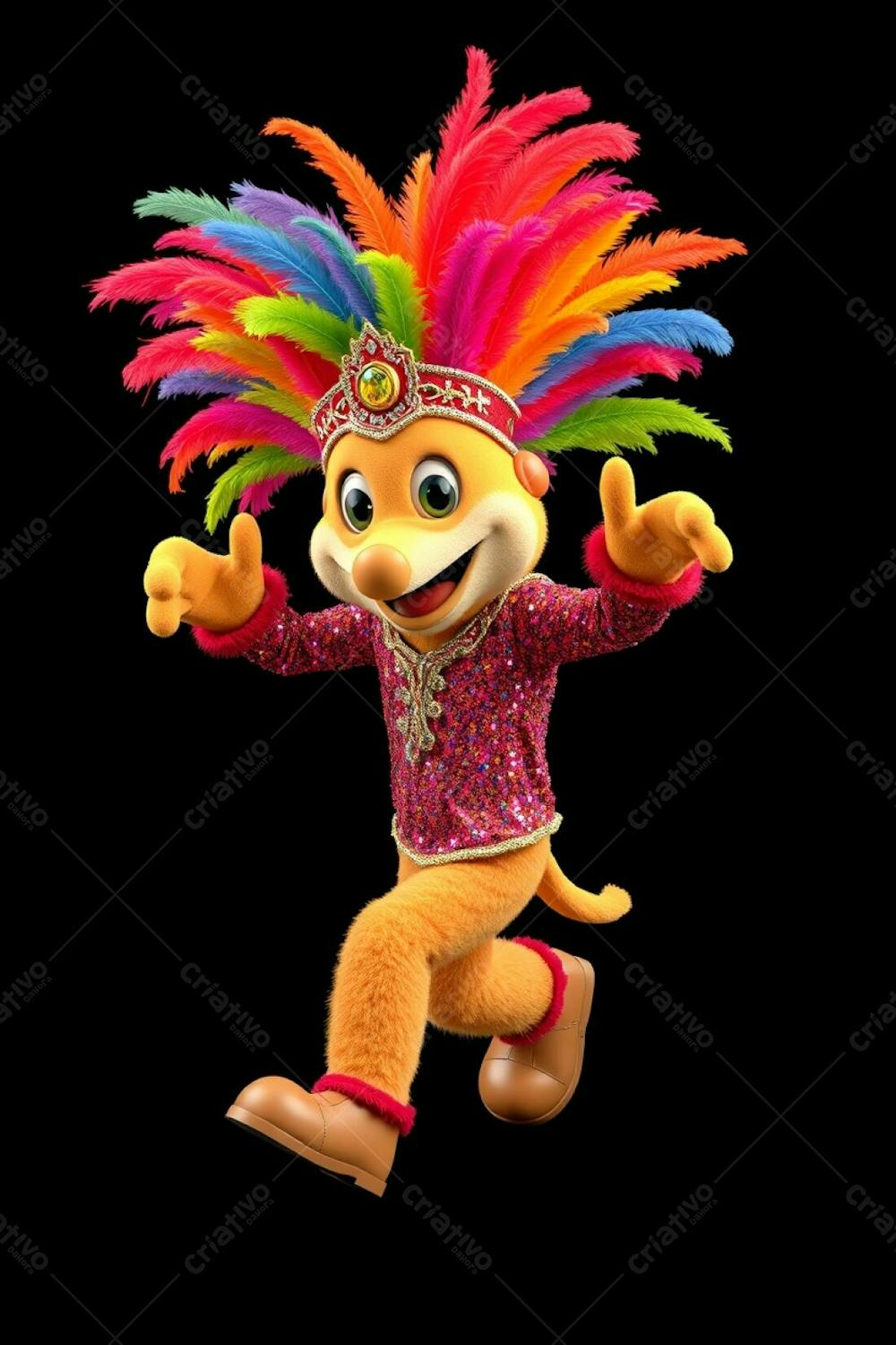 High Angle View, High Resolution Stock Photo A 3D Rendered Carnaval Mascot In A Dynamic Pose, Against A Black Background For Maximum Vibrancy. The Mascot, In A Flamboyant, Sequined Costume With A Colorful Feathe