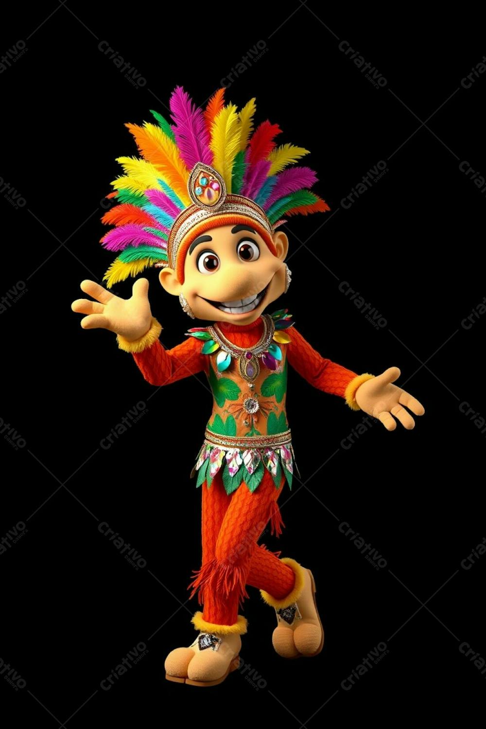 High Angle, High Definition Stock Photo. 3D Rendered Carnaval Mascot, Full Body View Against A Black Background. The Mascot Is Joyful, In A Flamboyant Costume Featuring A Colorful Feathered Headdress And Sequine