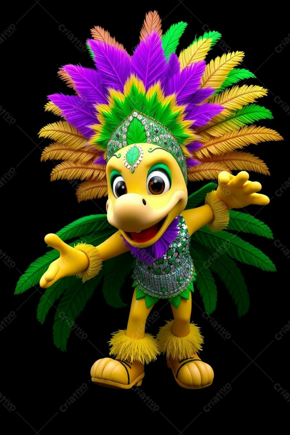 High Angle, High Resolution Stock Photo A 3D Rendered Carnaval Mascot In A Dynamic Pose Against A Black Background. The Mascot Wears A Flamboyant Costume With A Feathered Headdress In Gold, Purple, And Green,