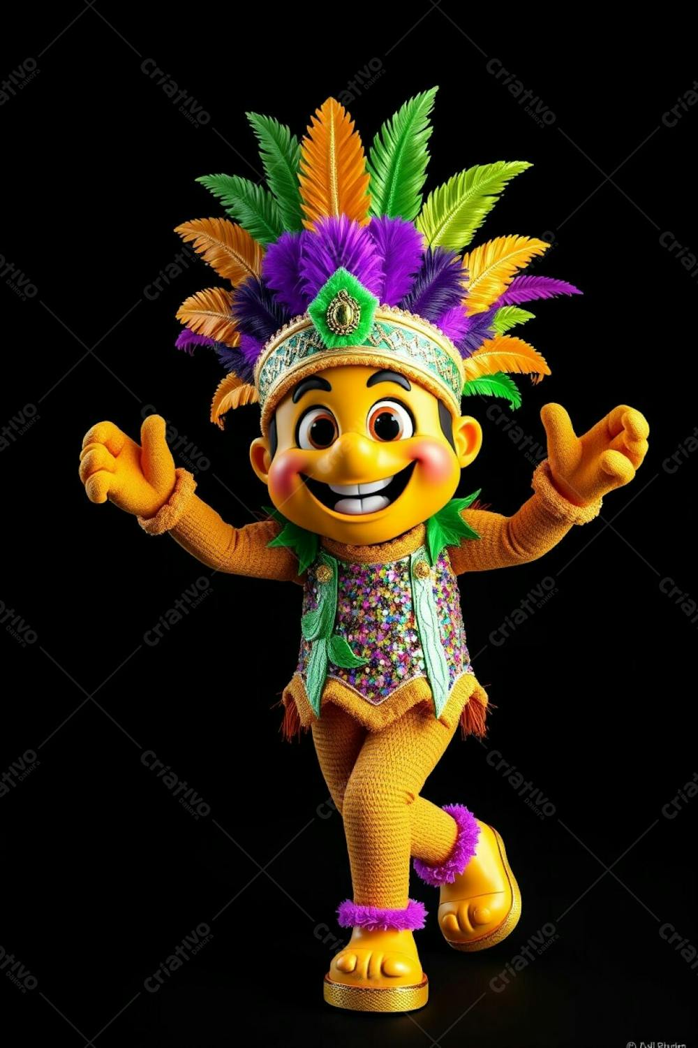 High Angle, High Resolution Stock Photo A 3D Rendered Carnaval Mascot, Full Body, Against A Black Background. The Mascot Is Cheerful, Wearing A Gold, Purple, And Green Feathered Headdress And A Sequined, Tropi