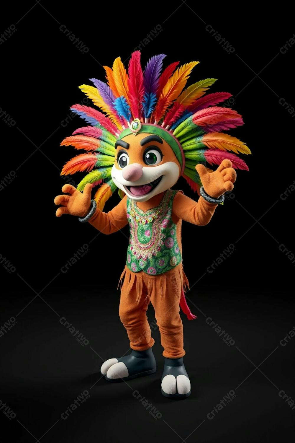 High Angle, High Resolution Stock Photo A Full Body 3D Rendered Carnaval Mascot Against A Black Background. The Mascot Is In A Dynamic Pose, Wearing A Flamboyant Costume With A Colorful Feathered Headdress And