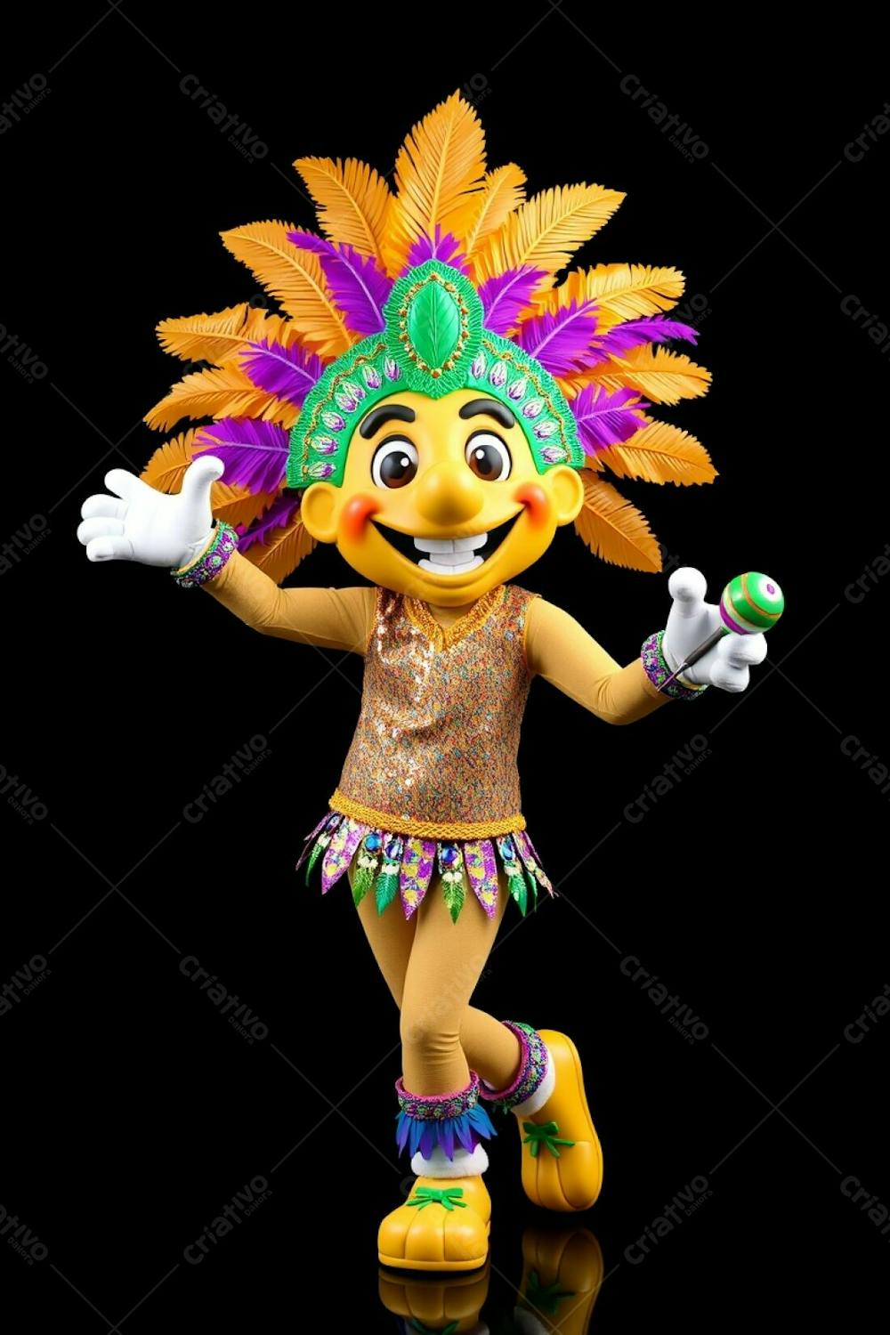 High Angle, High Resolution Stock Photo A 3D Rendered Carnaval Mascot, Full Body, Against A Black Background. The Mascot Is Cheerful, Wearing A Gold, Purple, And Green Feathered Headdress And A Sequined Tro