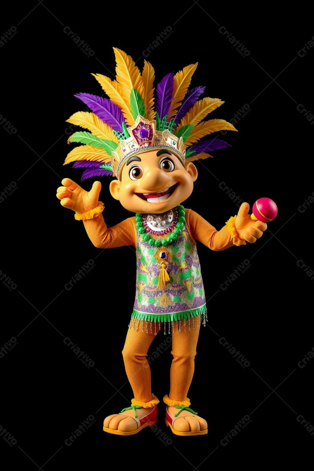 High Angle, High Resolution Stock Photo A 3D Rendered Carnaval Mascot, Full Body, Against A Black Background. The Mascot Is Cheerful, Wearing A Gold, Purple, And Green Feathered Headdress And A Sequined Tro