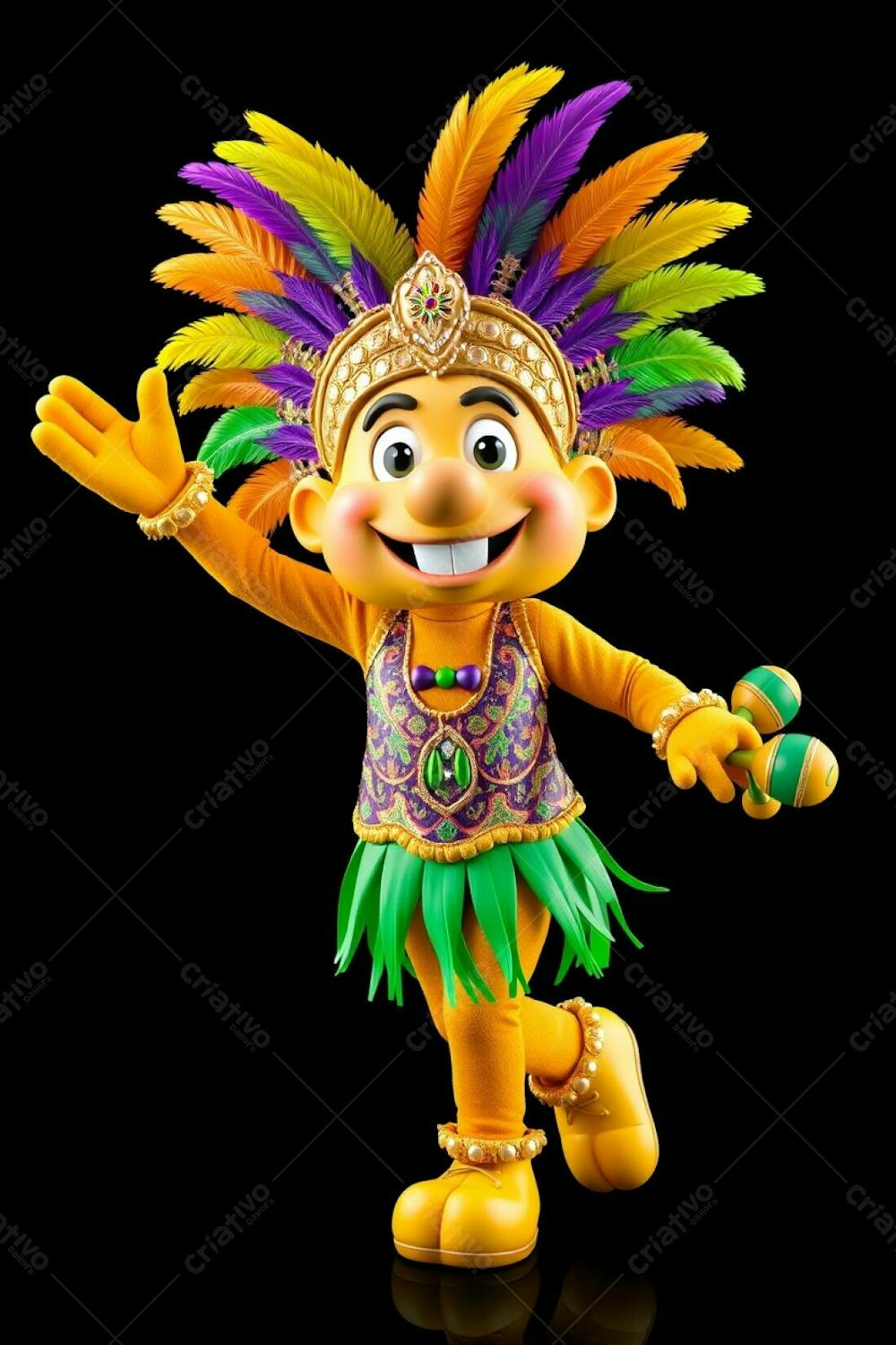 High Angle, High Resolution Stock Photo A 3D Rendered Carnaval Mascot, Full Body, Against A Black Background. The Mascot Is Cheerful, Wearing A Gold, Purple, And Green Feathered Headdress And A Sequined Tro