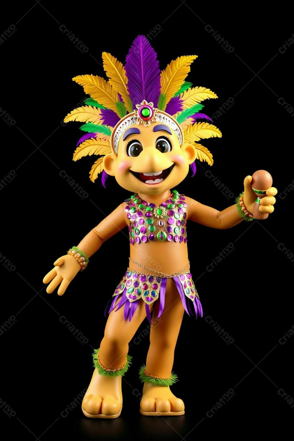 High Angle, High Resolution Stock Photo A 3D Rendered Carnaval Mascot, Full Body, Against A Black Background. The Mascot Is Cheerful, Wearing A Gold, Purple, And Green Feathered Headdress And A Sequined Tro