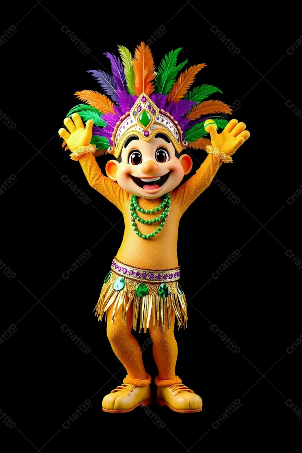 High Angle, High Resolution Stock Photo A 3D Rendered Carnaval Mascot, Full Body, Against A Black Background. The Mascot Is Cheerful, Wearing A Gold, Purple, And Green Feathered Headdress And A Sequined Tro