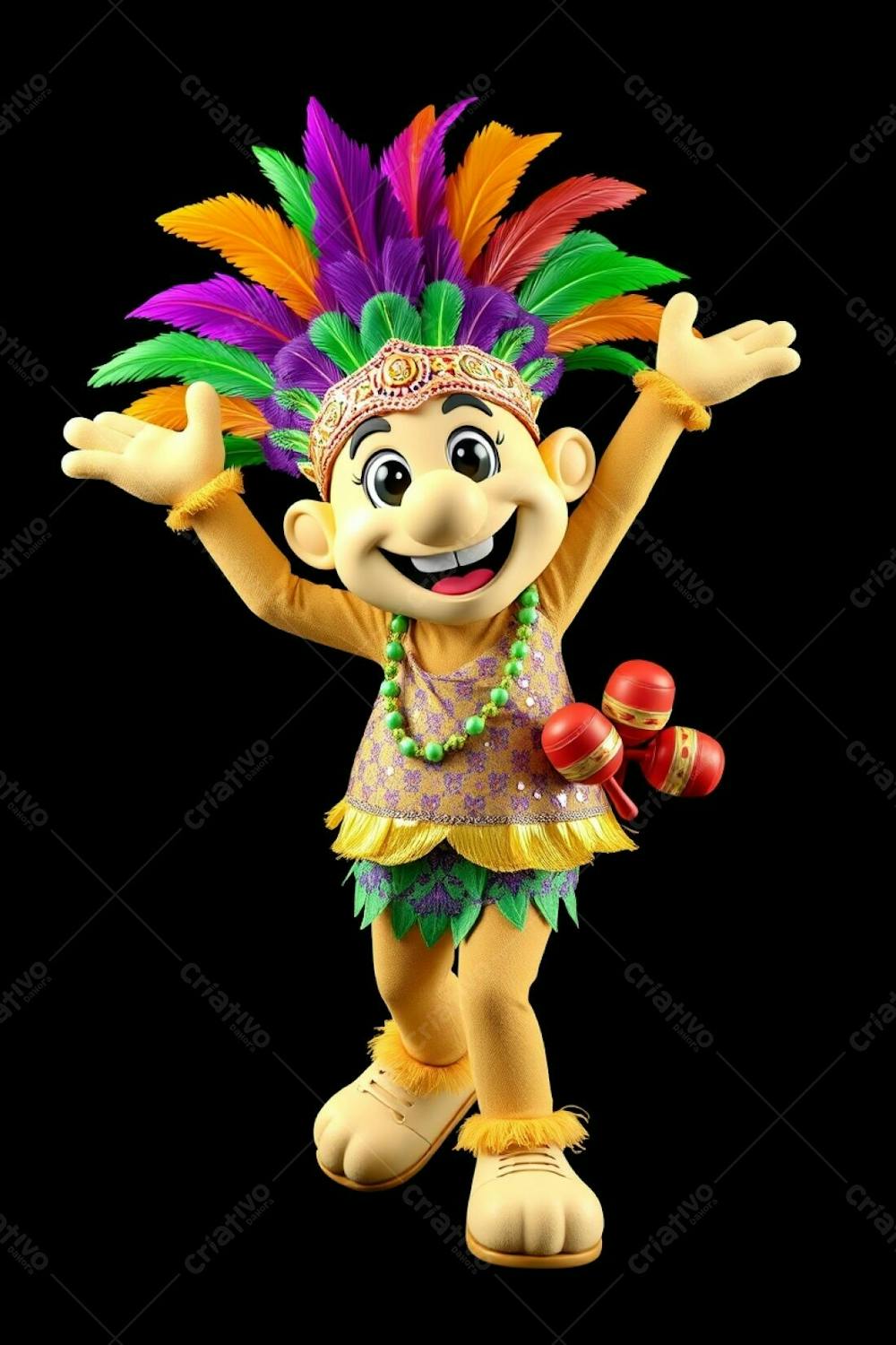 High Angle, High Resolution Stock Photo A 3D Rendered Carnaval Mascot, Full Body, Against A Black Background. The Mascot Is Cheerful, Wearing A Gold, Purple, And Green Feathered Headdress And A Sequined Tro