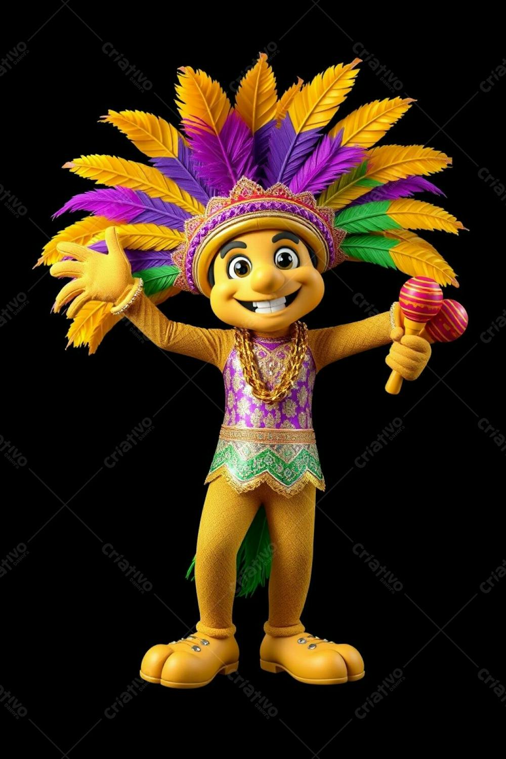 High Angle, High Resolution Stock Photo A 3D Rendered Carnaval Mascot, Full Body, Against A Black Background. The Mascot Is Cheerful, Wearing A Gold, Purple, And Green Feathered Headdress And A Sequined Tro