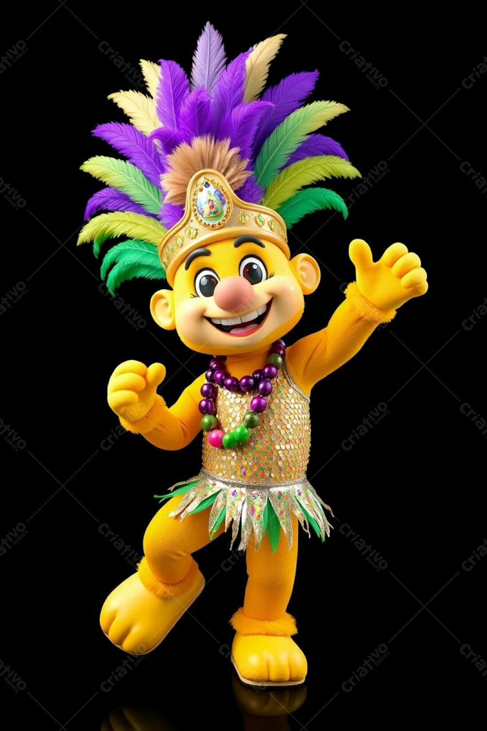 High Angle, High Resolution Stock Photo A 3D Rendered Carnaval Mascot, Full Body, Against A Black Background. The Mascot Is Cheerful, Wearing A Gold, Purple, And Green Feathered Headdress And A Sequined Tropica