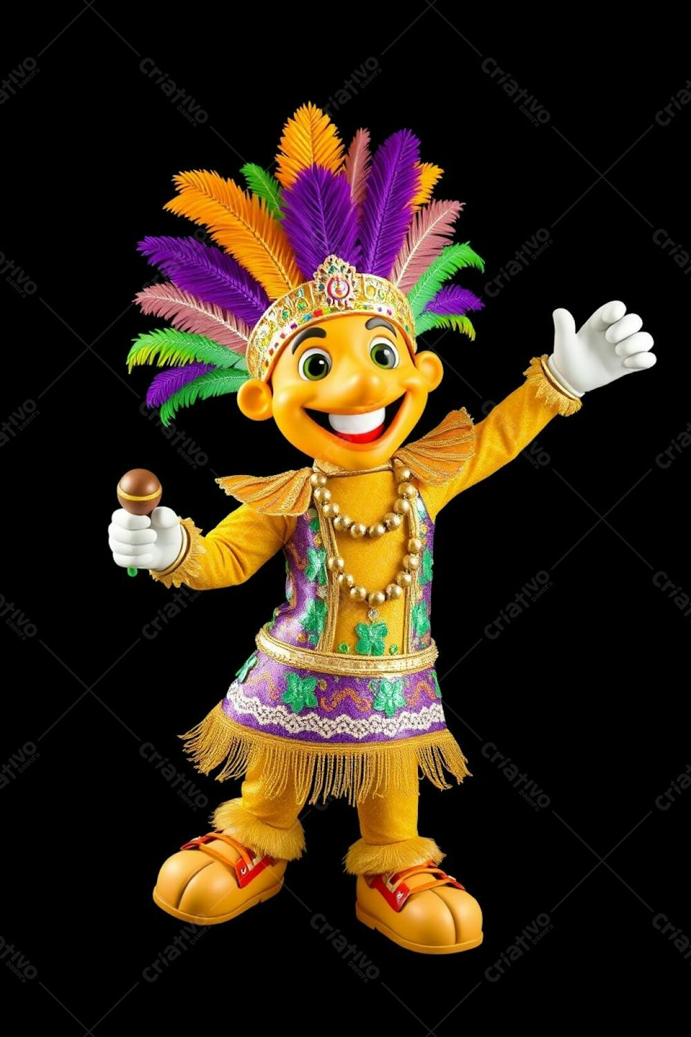 High Angle, High Resolution Stock Photo A 3D Rendered Carnaval Mascot, Full Body, Against A Black Background. The Mascot Is Cheerful, Wearing A Gold, Purple, And Green Feathered Headdress And A Sequined, Tropic