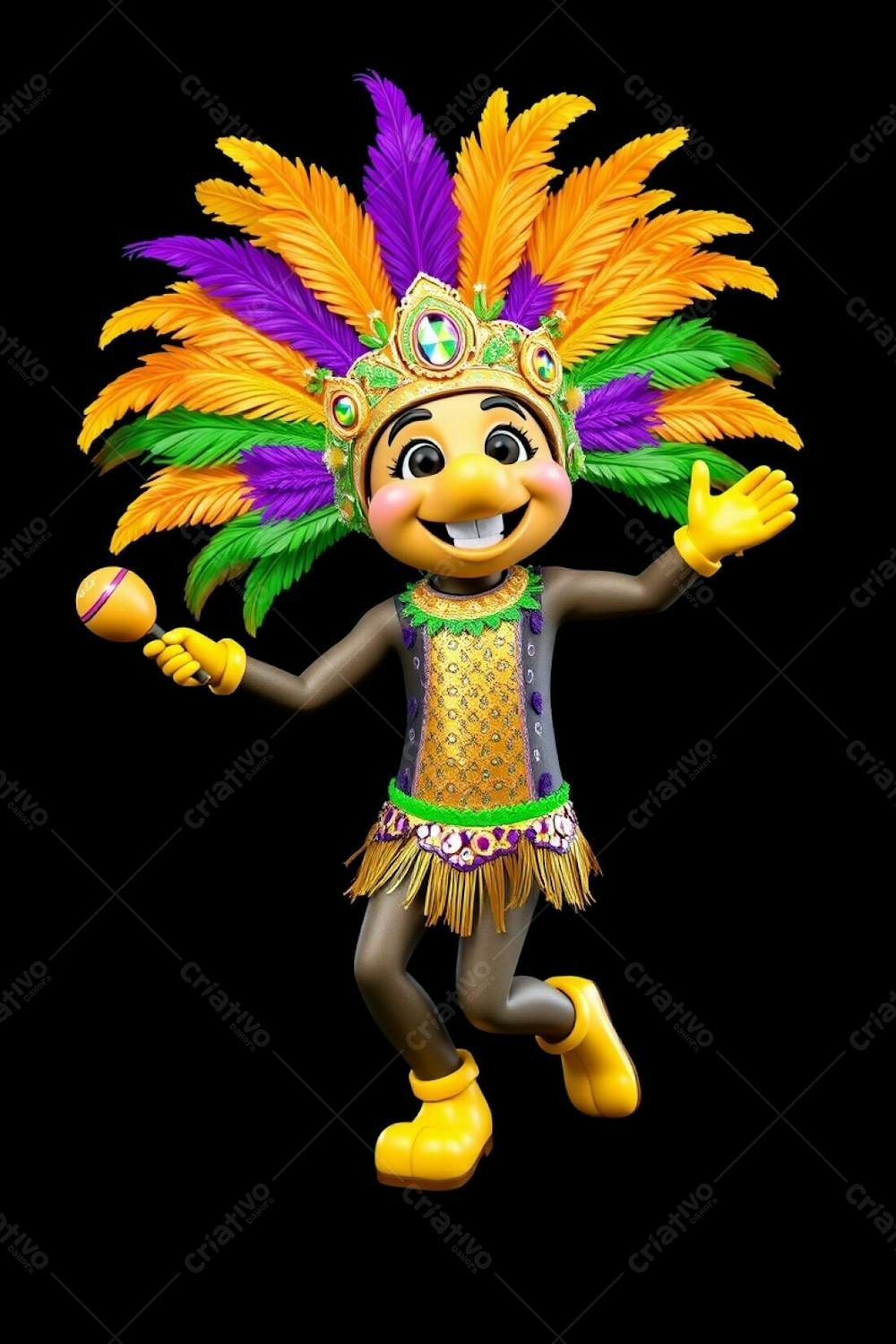 High Angle, High Resolution Stock Photo A 3D Rendered Carnaval Mascot, Full Body, Against A Black Background. The Mascot Is Cheerful, Wearing A Gold, Purple, And Green Feathered Headdress And A Sequined, Tro