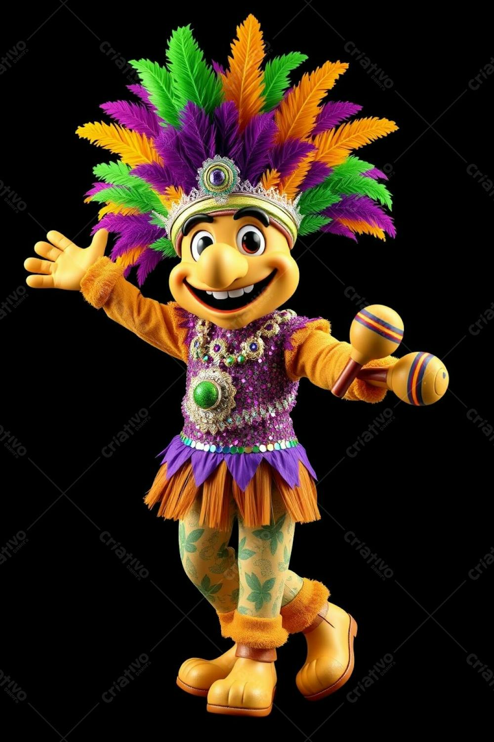 High Angle, High Resolution Stock Photo A 3D Rendered Carnaval Mascot, Full Body, Against A Black Background. The Mascot Is Cheerful, Wearing A Gold, Purple, And Green Feathered Headdress And A Sequined, Tro