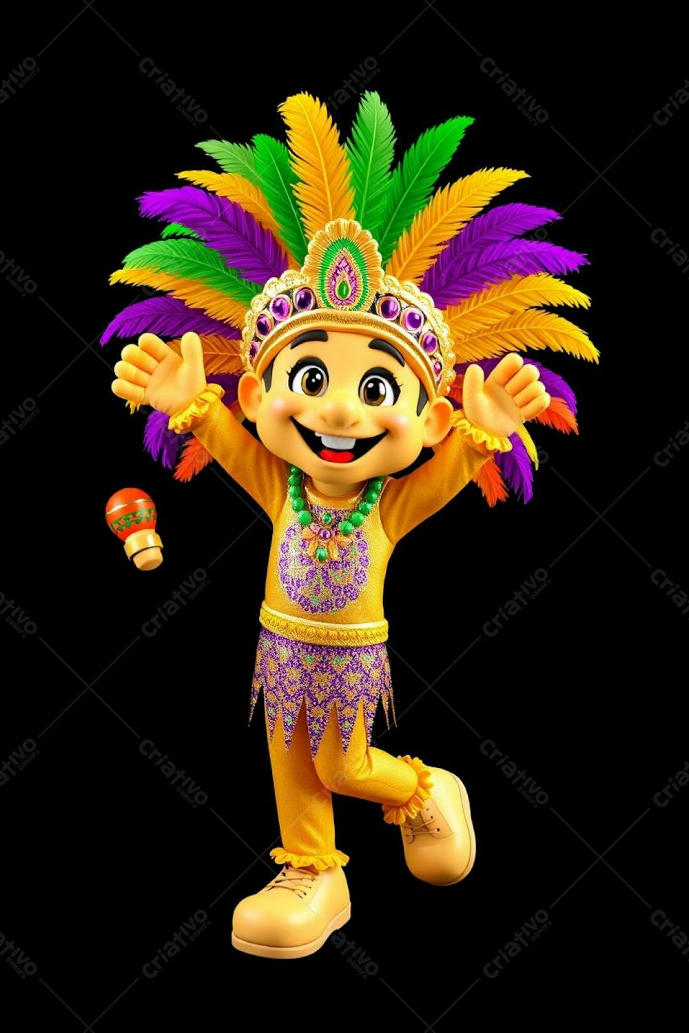 High Angle, High Resolution Stock Photo A 3D Rendered Carnaval Mascot, Full Body, Against A Black Background. The Mascot Is Cheerful, Wearing A Gold, Purple, And Green Feathered Headdress And A Sequined, Tro