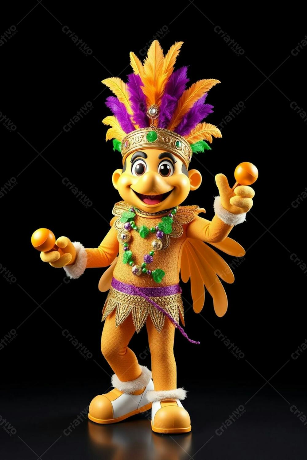 High Angle, High Resolution Stock Photo A 3D Rendered Carnaval Mascot, Full Body, Against A Black Background. The Mascot Is Cheerful, Wearing A Gold, Purple, And Green Feathered Headdress And A Sequined, Tro