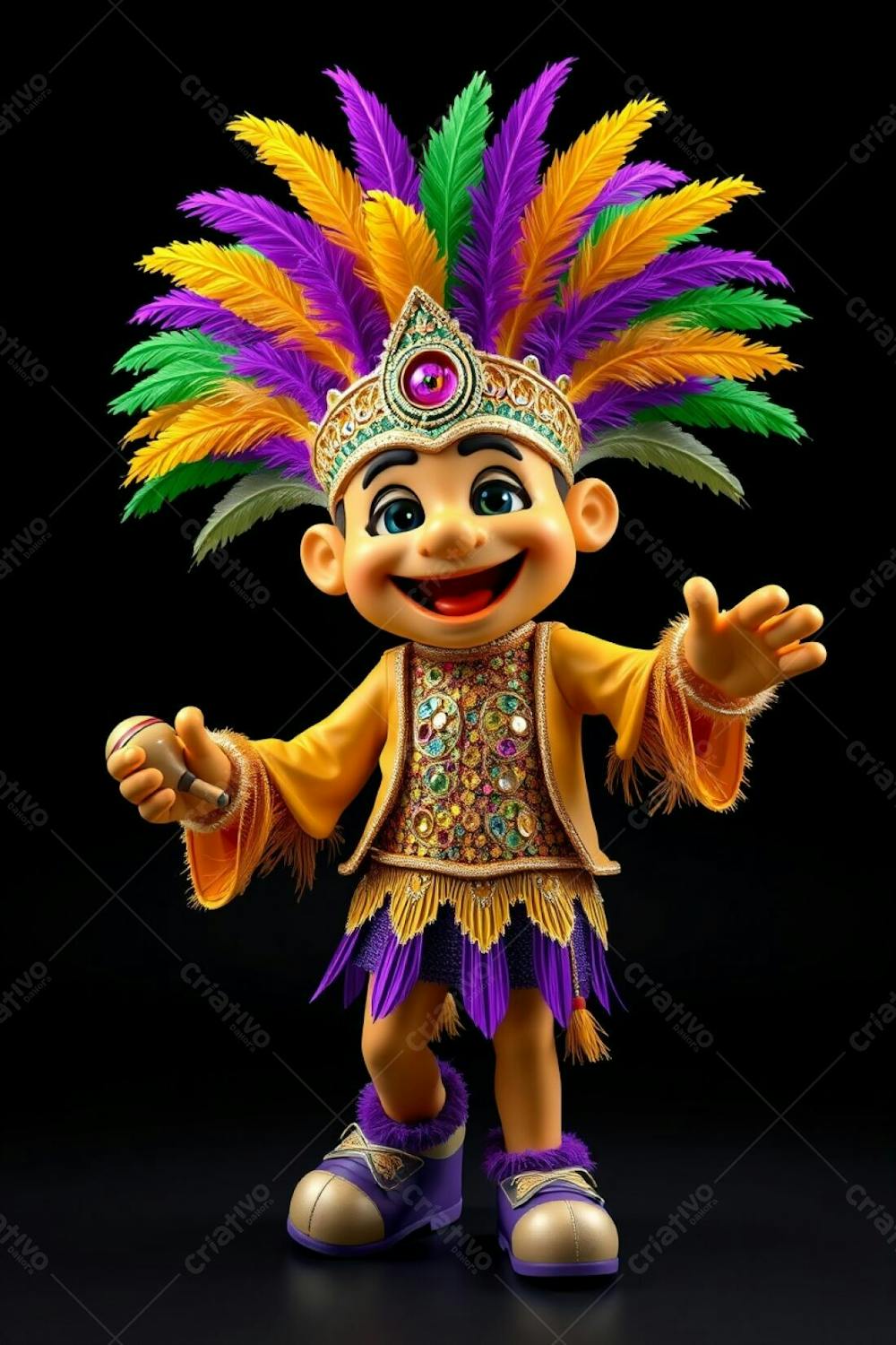 High Angle, High Resolution Stock Photo A 3D Rendered Carnaval Mascot, Full Body, Against A Black Background. The Mascot Is Cheerful, Wearing A Gold, Purple, And Green Feathered Headdress And A Sequined, Tropica