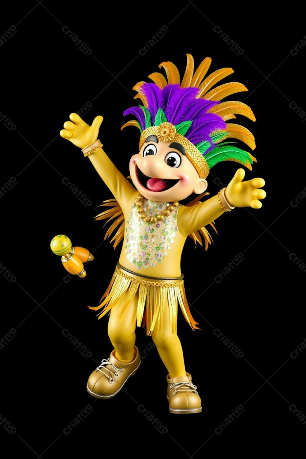 High Angle, High Resolution Stock Photo A 3D Rendered Carnaval Mascot, Full Body, Against A Black Background. The Mascot Is Cheerful, Wearing A Gold, Purple, And Green Feathered Headdress And A Sequined, Tr