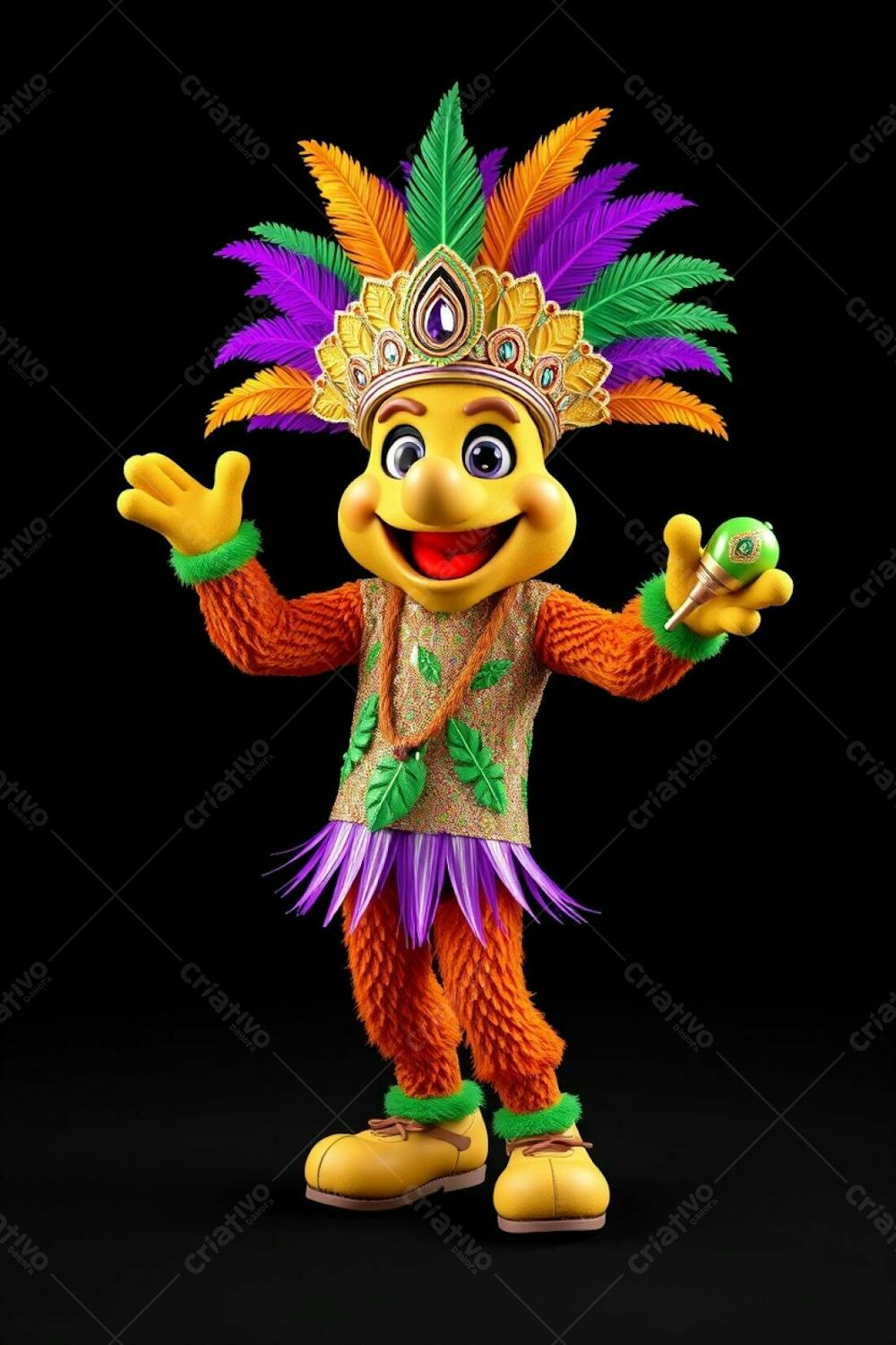 High Angle, High Resolution Stock Photo A 3D Rendered Carnaval Mascot, Full Body, Against A Black Background. The Mascot Is Cheerful, Wearing A Gold, Purple, And Green Feathered Headdress And A Sequined, Tr