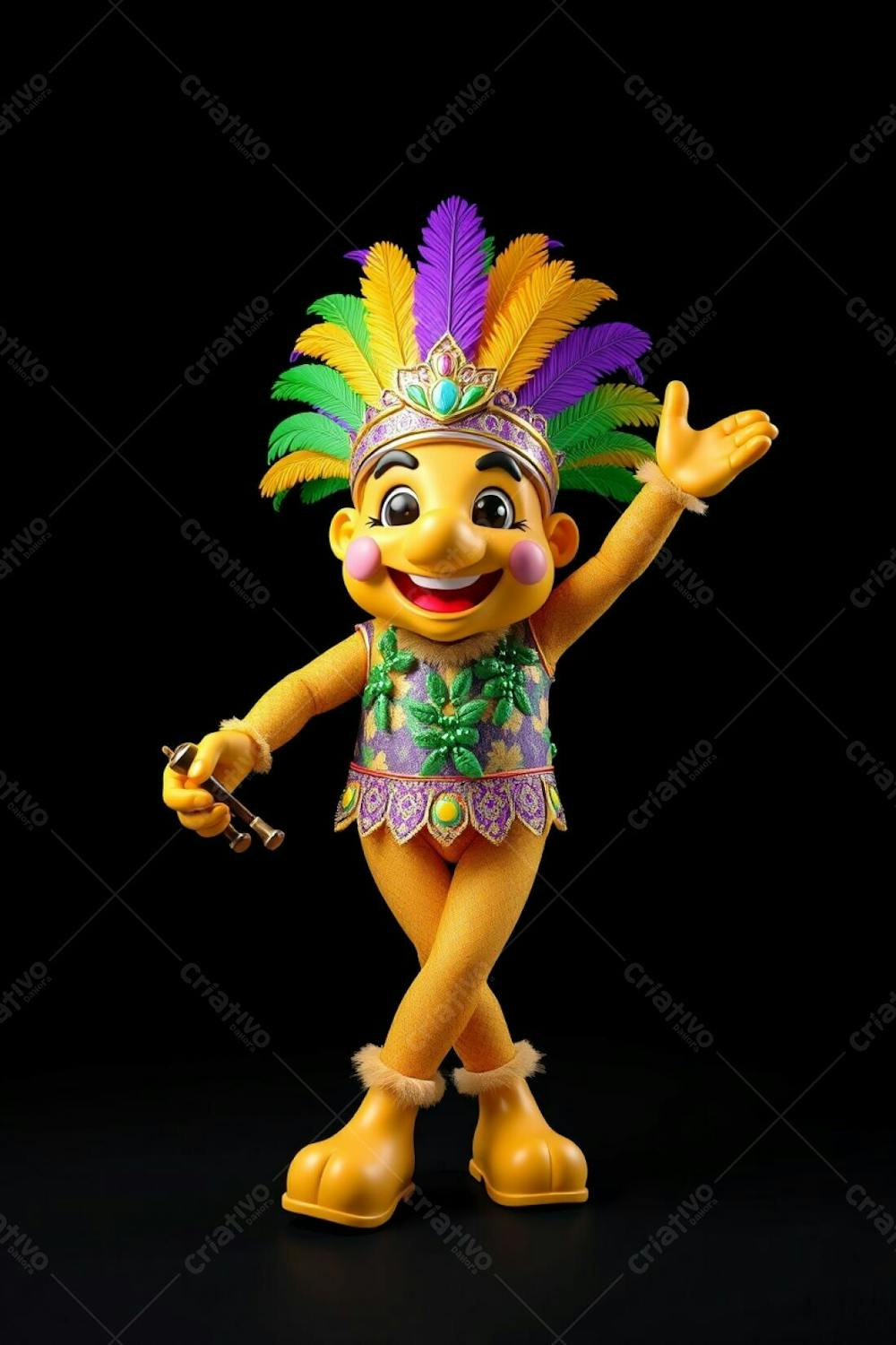 High Angle, High Resolution Stock Photo A 3D Rendered Carnaval Mascot, Full Body, Against A Black Background. The Mascot Is Cheerful, Wearing A Gold, Purple, And Green Feathered Headdress And A Sequined, Tropic