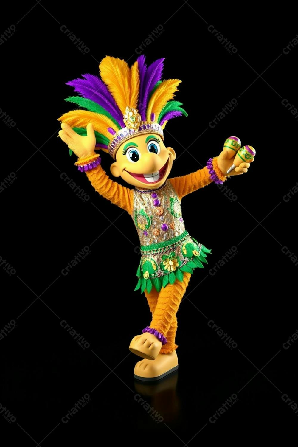 High Angle, High Resolution Stock Photo A 3D Rendered Carnaval Mascot, Full Body, Against A Black Background. The Mascot Is Cheerful, With A Gold, Purple, And Green Feathered Headdress, A Sequined Tropical Patt