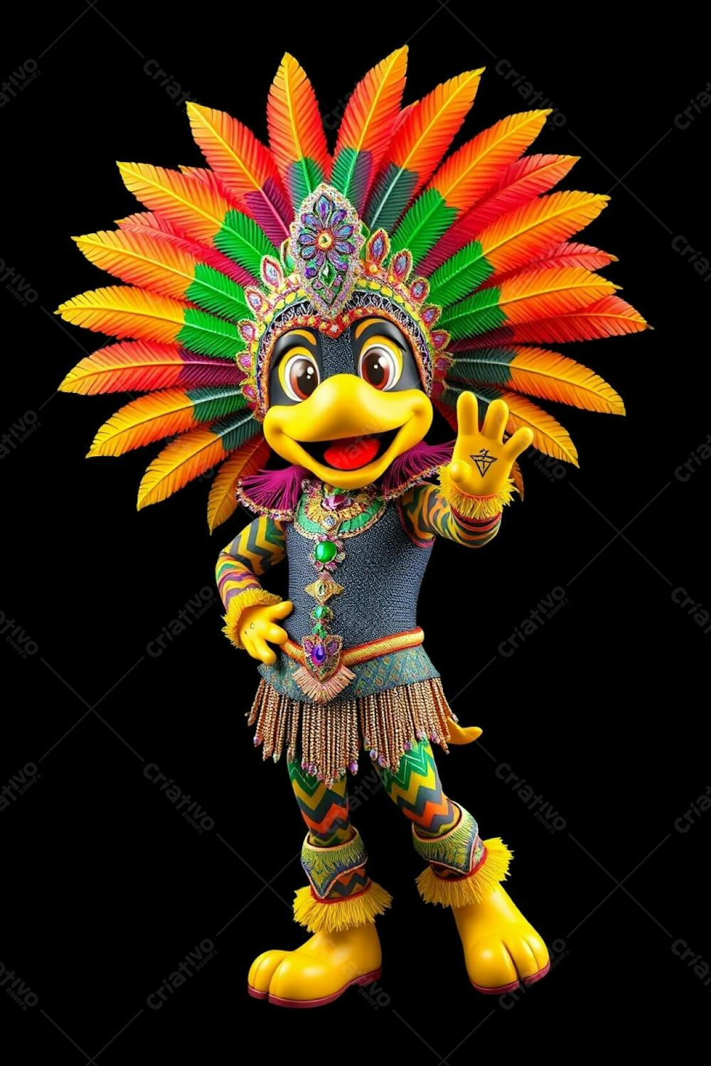 High Angle, High Resolution Stock Photo Of A 3D Rendered Carnaval Mascot. Full Body View Against A Black Background. The Mascot Is Lively, Wearing A Flamboyant Costume With A Colorful Feathered Headdress And Seq