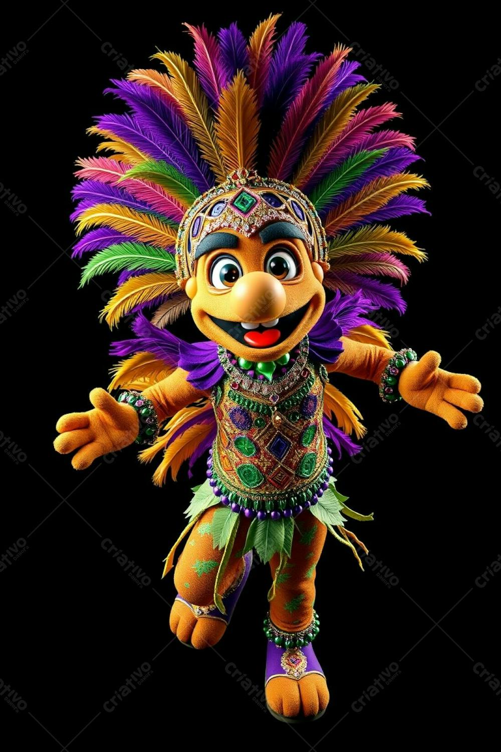 High Resolution Commercial Stock Photo High Angle View Of A 3D Rendered Carnaval Mascot. Full Body Shot On A Black Background Showcasing Vibrant Details. The Mascot Is Cheerful, In A Flamboyant Costume With A