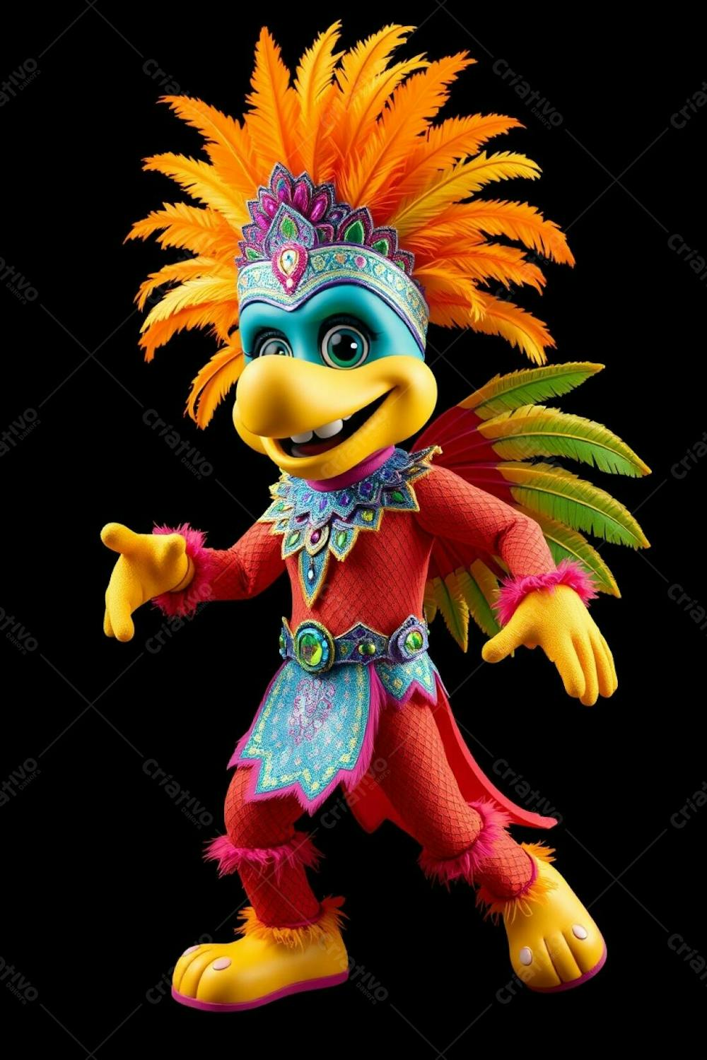 High Resolution Commercial Stock Photo High Angle View Of A 3D Rendered Carnaval Mascot. Full Body Against Black Background. The Mascot Is Energetic, Wearing A Flamboyant Costume With A Colorful Feathered Headd