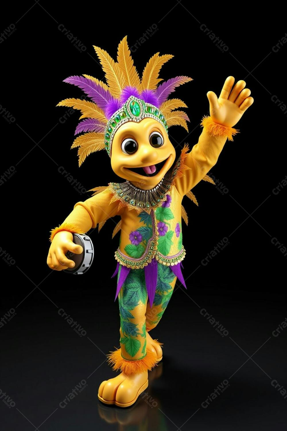 High Resolution Stock Photo 3D Rendered Carnaval Mascot, Full Body, High Angle. Black Background Emphasizes Vibrant Costume Details Gold, Purple, Green Feathered Headdress, Sequined Tropical Patterned Outfit.