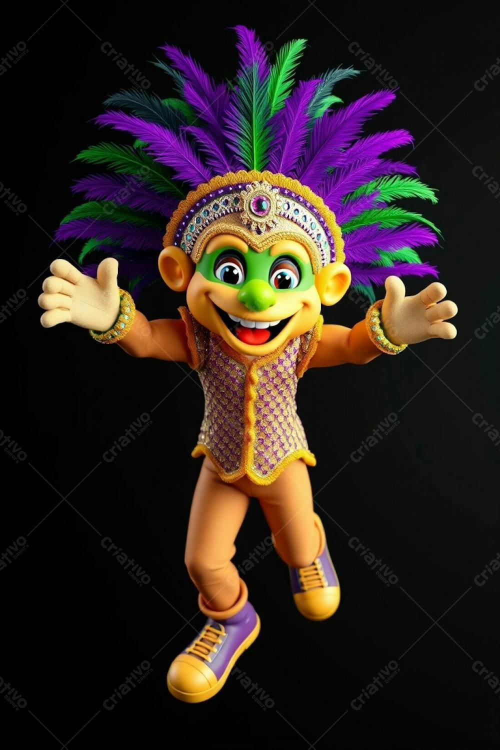 High Resolution Stock Photo A High Angle View Of A 3D Rendered Carnaval Mascot, Full Body, On A Black Background. The Mascot, Joyful And Lively, Wears A Flamboyant Costume With A Gold, Purple, And Green Feather