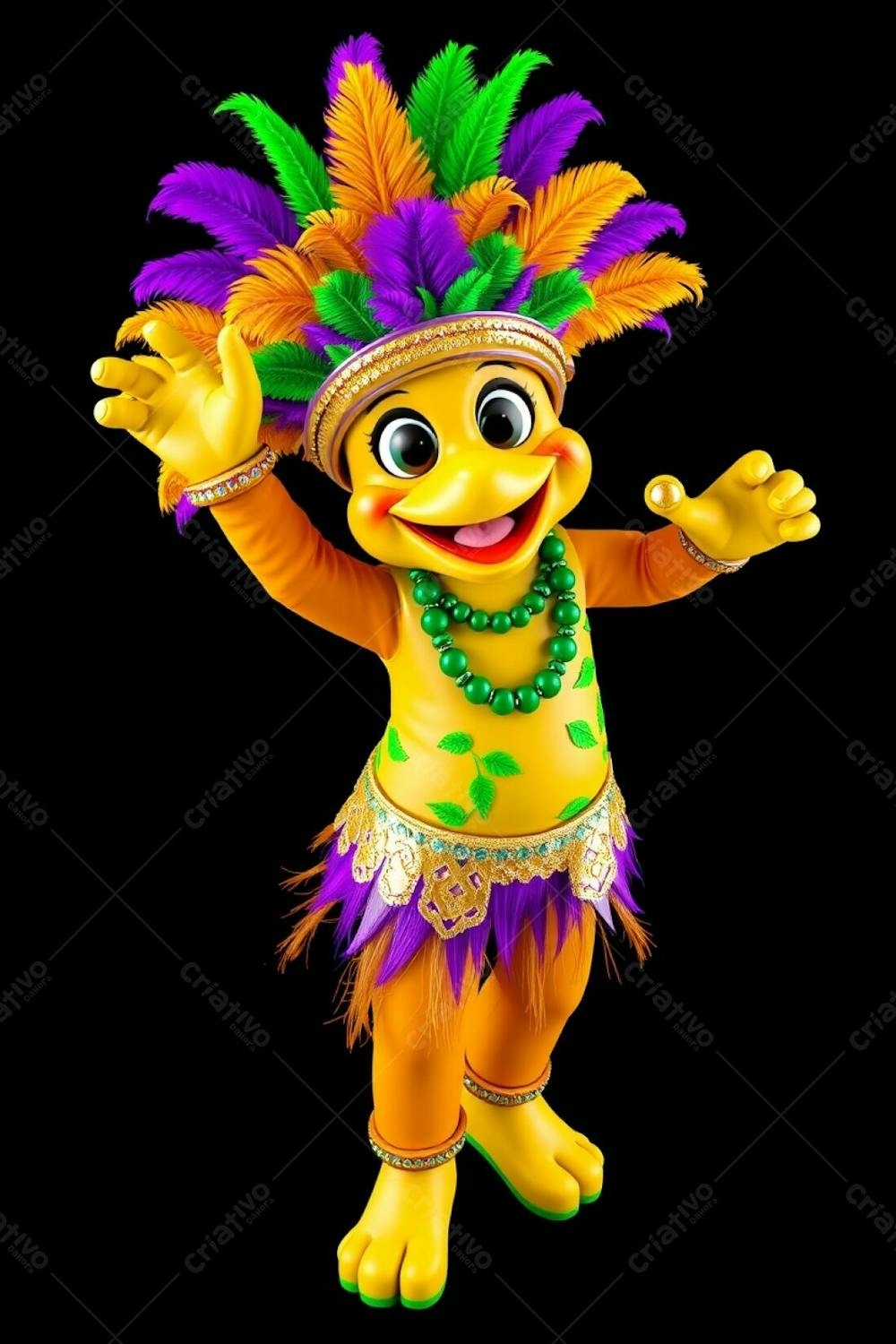 High Resolution Stock Photo High Angle Perspective Of A 3D Rendered Carnaval Mascot. Full Body Shot Against A Black Background. The Mascot Is Cheerful, Wearing A Gold, Purple, And Green Feathered Headdress And