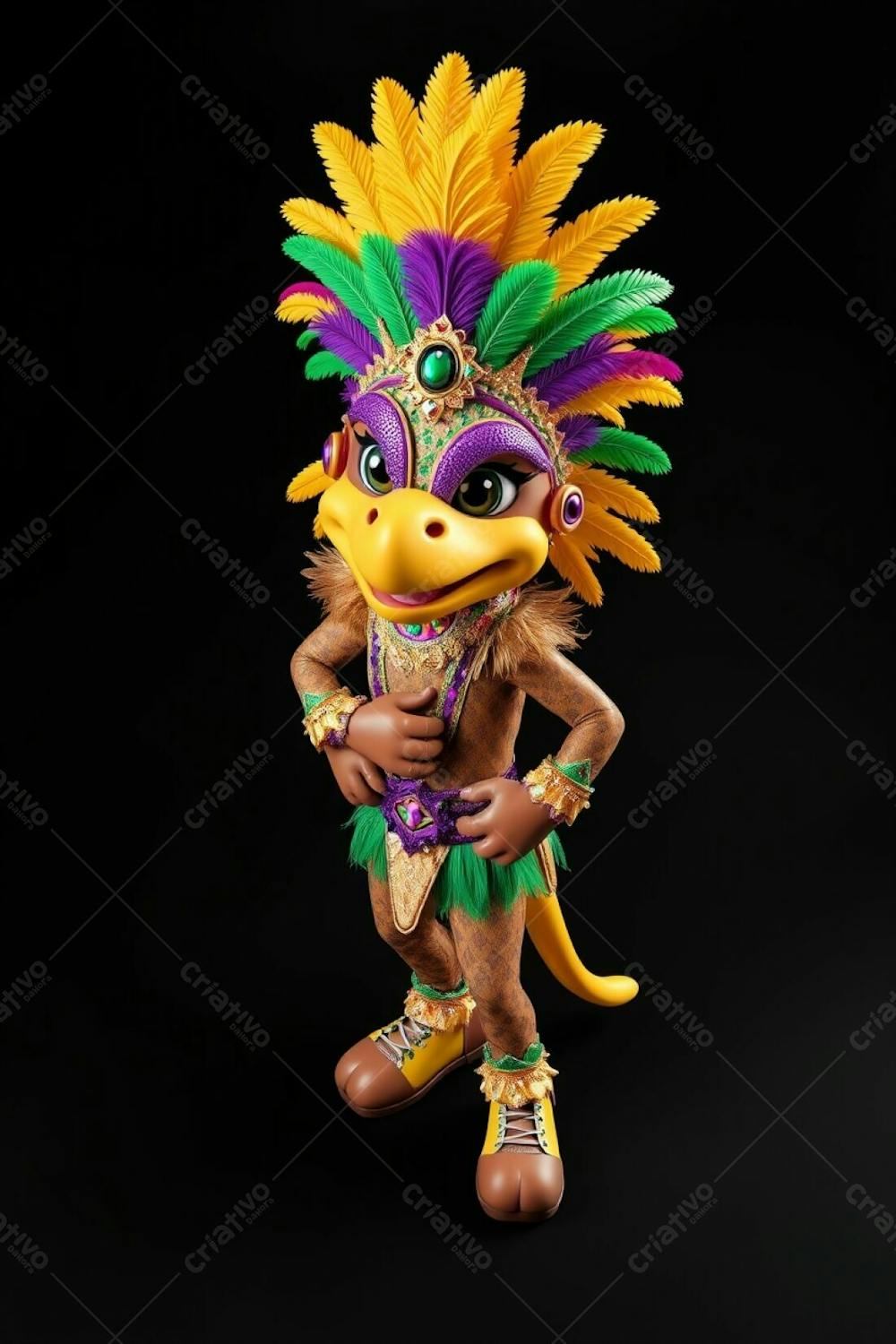 High Resolution Stock Photo High Angle Perspective. 3D Rendered Carnaval Mascot, Full Body Against A Black Background. The Mascot Is Vibrant, Wearing A Feathered Headdress In Gold, Purple, And Green, And A Sequ