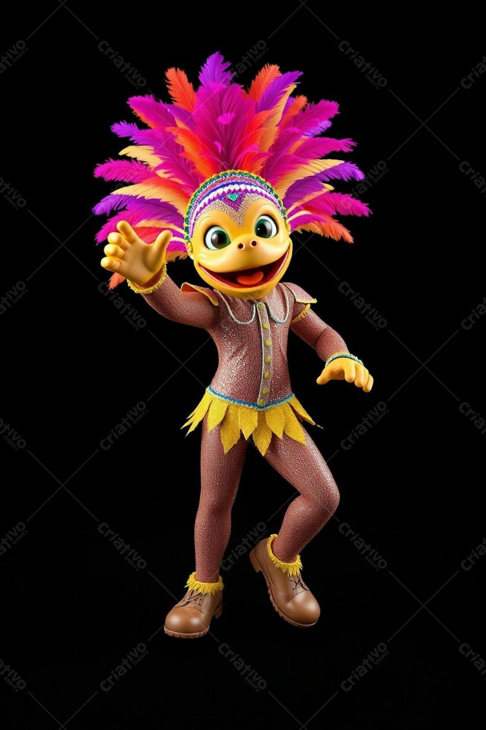 High Resolution Stock Photo High Angle View Of A 3D Rendered Carnaval Mascot. Full Body Shot Against Black Background, Showcasing Its Colorful Feathered Headdress And Sequined Outfit. Dynamic Pose Suggests A L