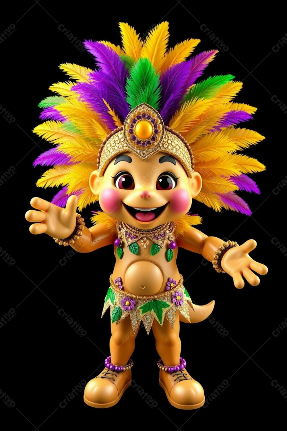 High Resolution Stock Photo Of A 3D Rendered Carnaval Mascot. High Angle, Full Body View Against A Black Background. The Mascot Is Cheerful, Wearing A Gold, Purple, And Green Feathered Headdress And A Sequined C