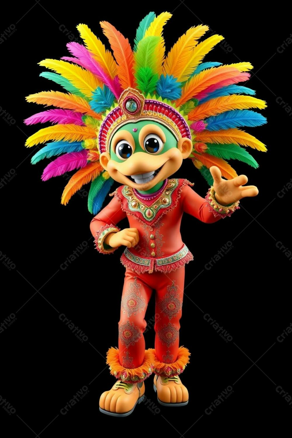 Professional Quality, High Resolution Stock Photo High Angle View Of A 3D Rendered Carnaval Mascot. Full Body, Against A Black Background. The Mascot Is Lively, Wearing A Flamboyant Costume With A Colorful Fea