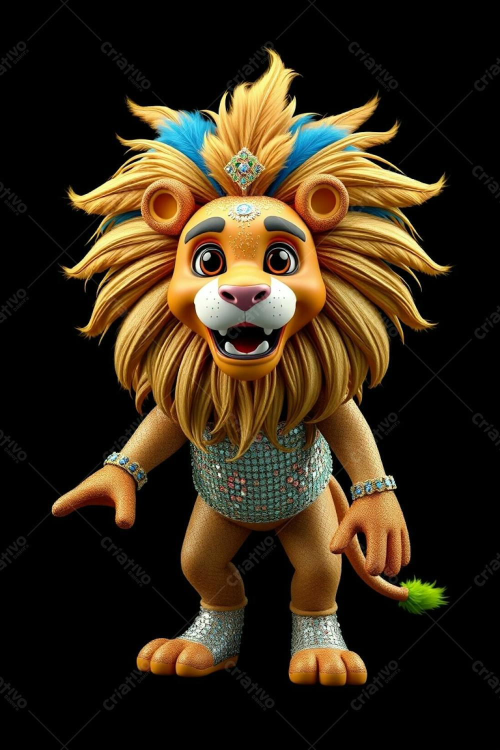 3D Rendered Lion Mascot Leonardo, A High Angle Full Body Shot Against A Black Background. He&#39;S In Ultra High Definition, Wearing A Sparkling Sequined Carnaval Costume, With Gold, Blue And G